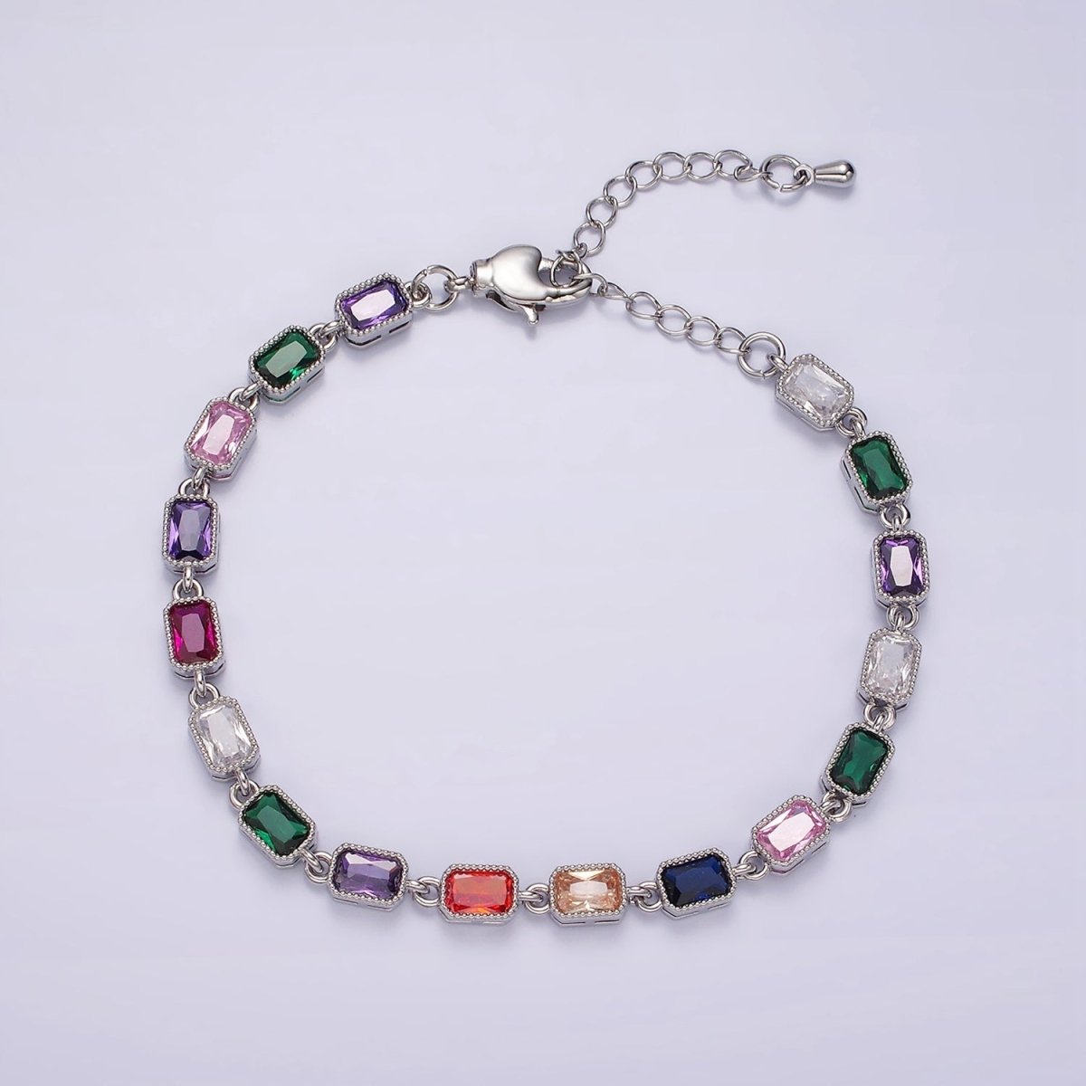 14K Gold Filled CZ Multicolor Baguette Bezel 7 Inch Bracelet in Gold & Silver | WA-2238 WA-2239 Clearance Pricing - DLUXCA