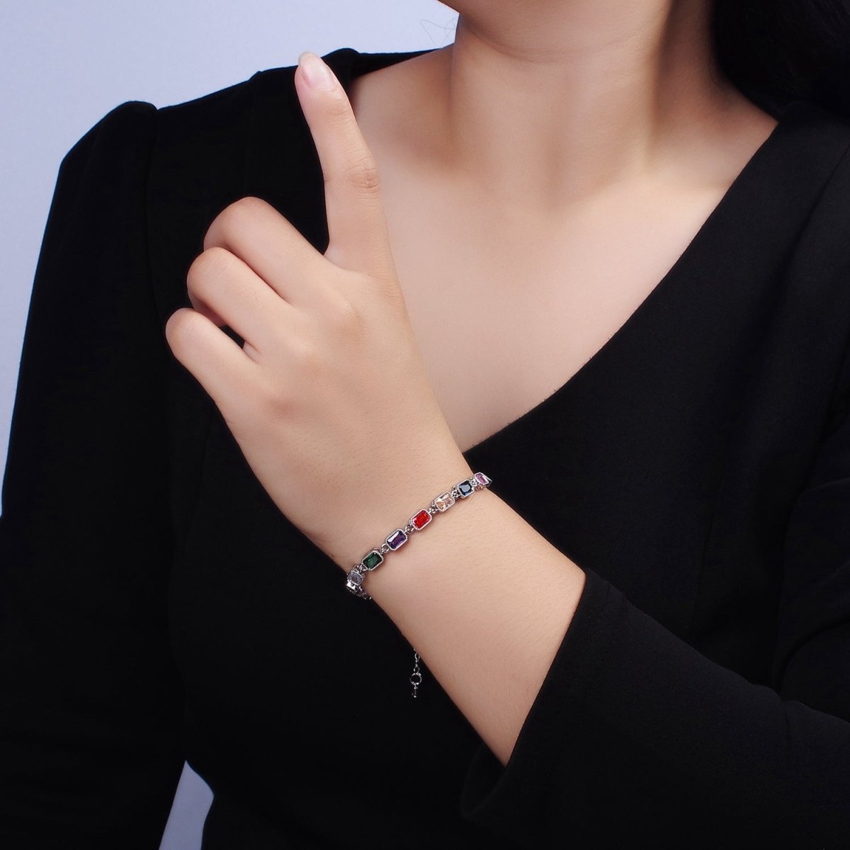 14K Gold Filled CZ Multicolor Baguette Bezel 7 Inch Bracelet in Gold & Silver | WA-2238 WA-2239 Clearance Pricing - DLUXCA