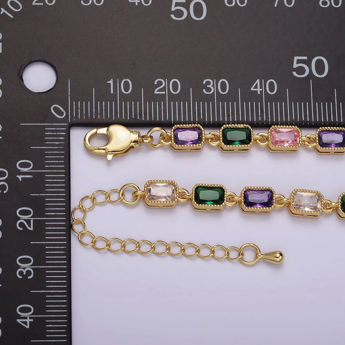 14K Gold Filled CZ Multicolor Baguette Bezel 7 Inch Bracelet in Gold & Silver | WA-2238 WA-2239 Clearance Pricing - DLUXCA