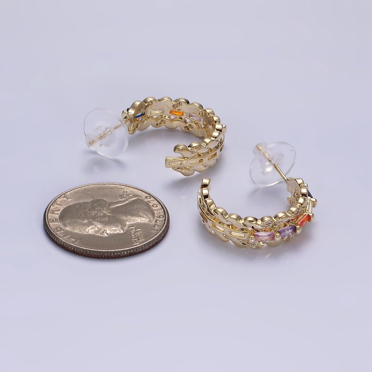 14K Gold Filled CZ Multicolor Baguette Micro Paved Triple Band C-Shaped Hoop Earrings in Gold & Silver | AE303 AE304 - DLUXCA