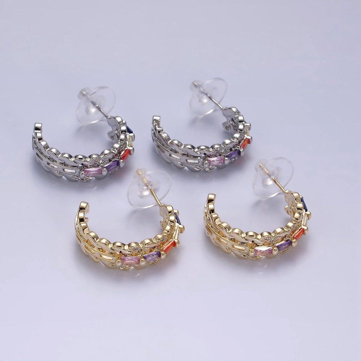 14K Gold Filled CZ Multicolor Baguette Micro Paved Triple Band C-Shaped Hoop Earrings in Gold & Silver | AE303 AE304 - DLUXCA