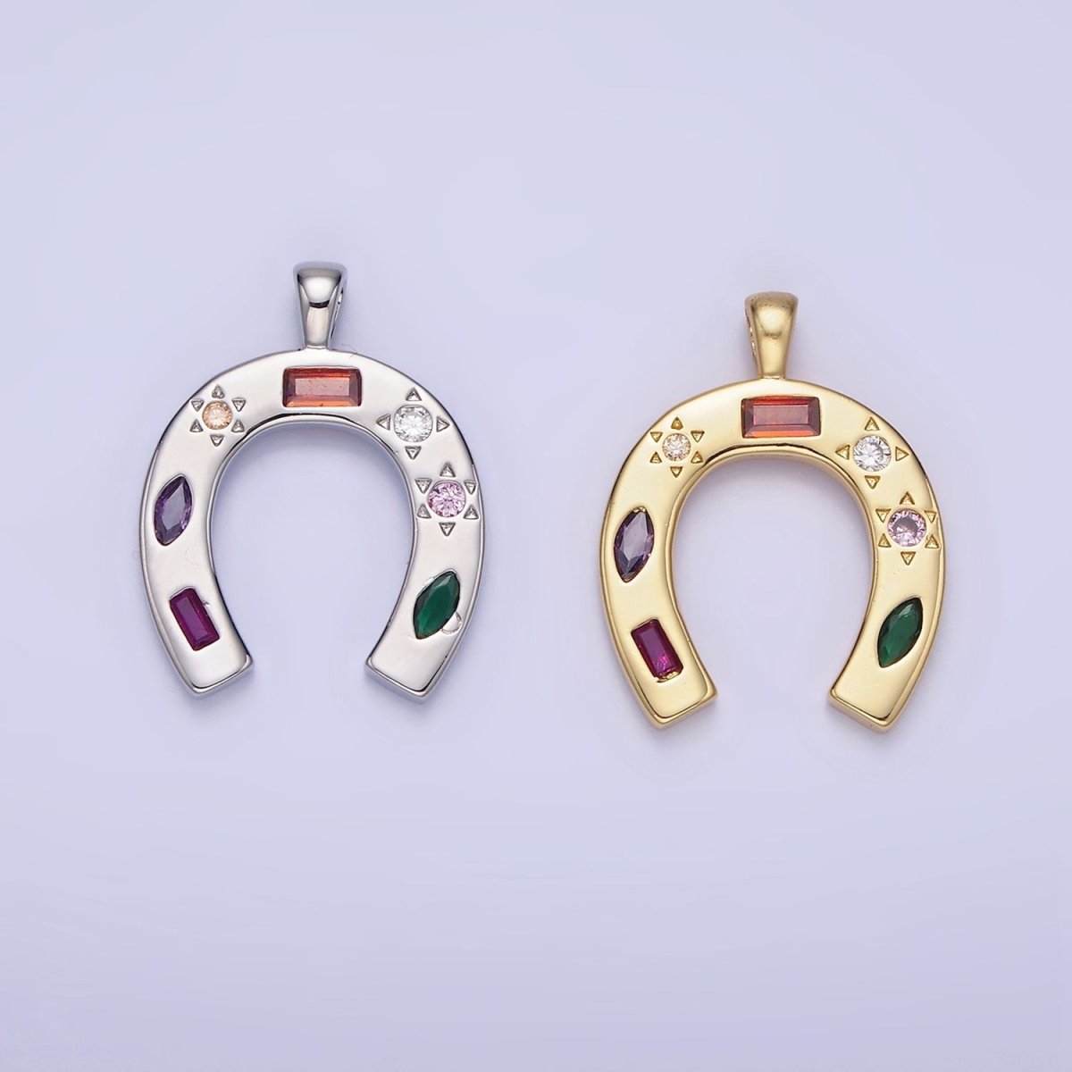 14K Gold Filled CZ Multicolor Celestial Sun Horseshoe Pendant in Gold & Silver | AA1128 - DLUXCA