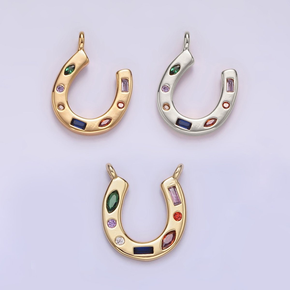 14K Gold Filled CZ Multicolor Dotted Lucky Horseshoe Charm | AC-819 - DLUXCA