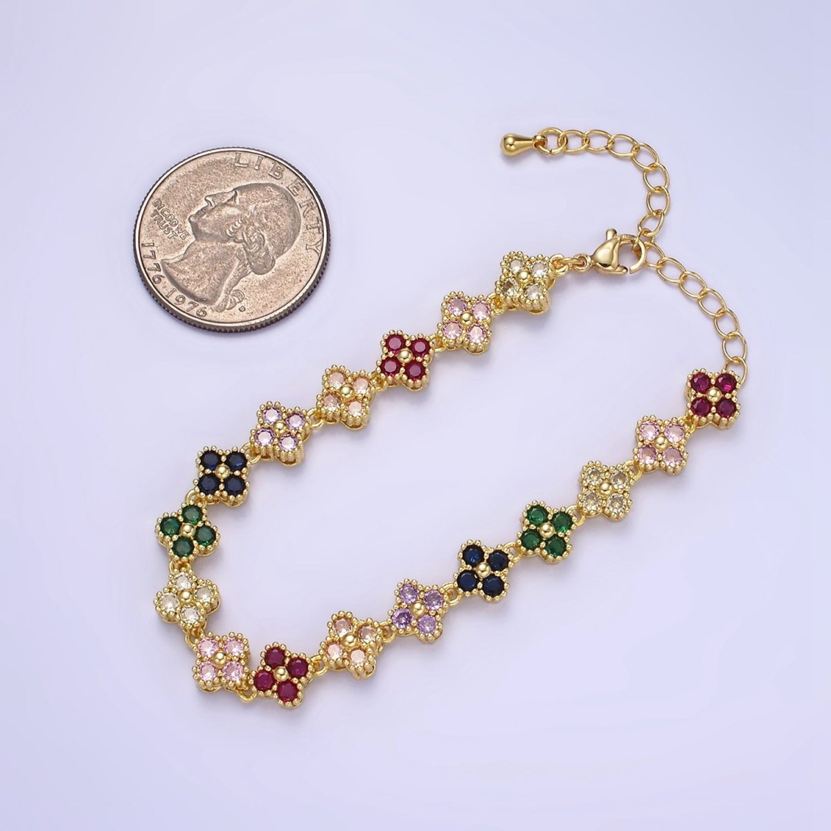 14K Gold Filled CZ Multicolor Flower 6 Inch Bracelet in Gold & Silver | WA-2430 WA-2431 - DLUXCA