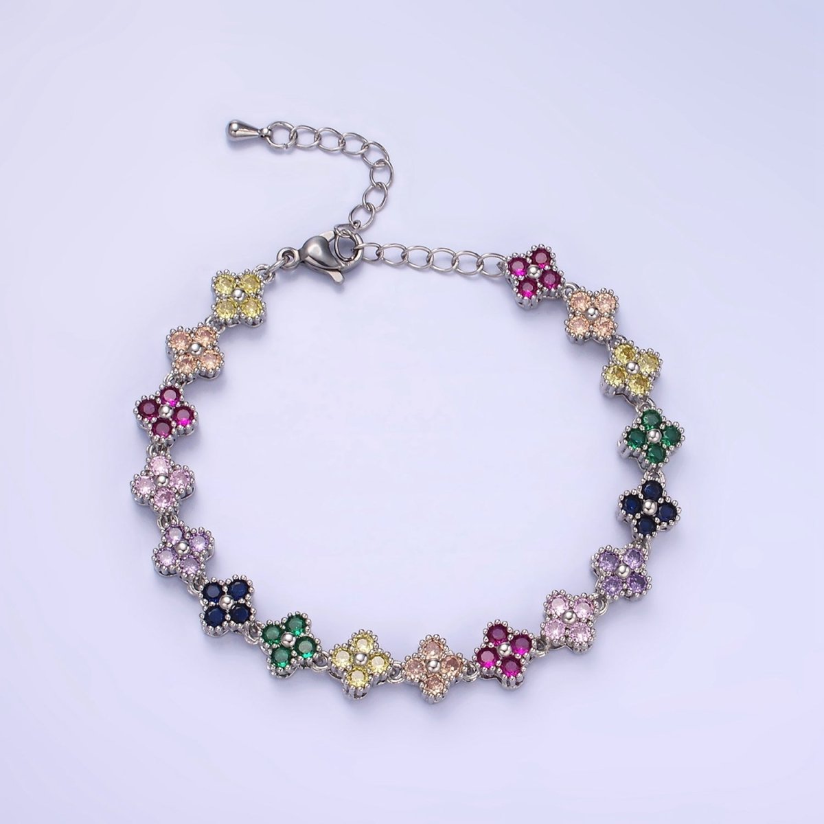 14K Gold Filled CZ Multicolor Flower 6 Inch Bracelet in Gold & Silver | WA-2430 WA-2431 - DLUXCA
