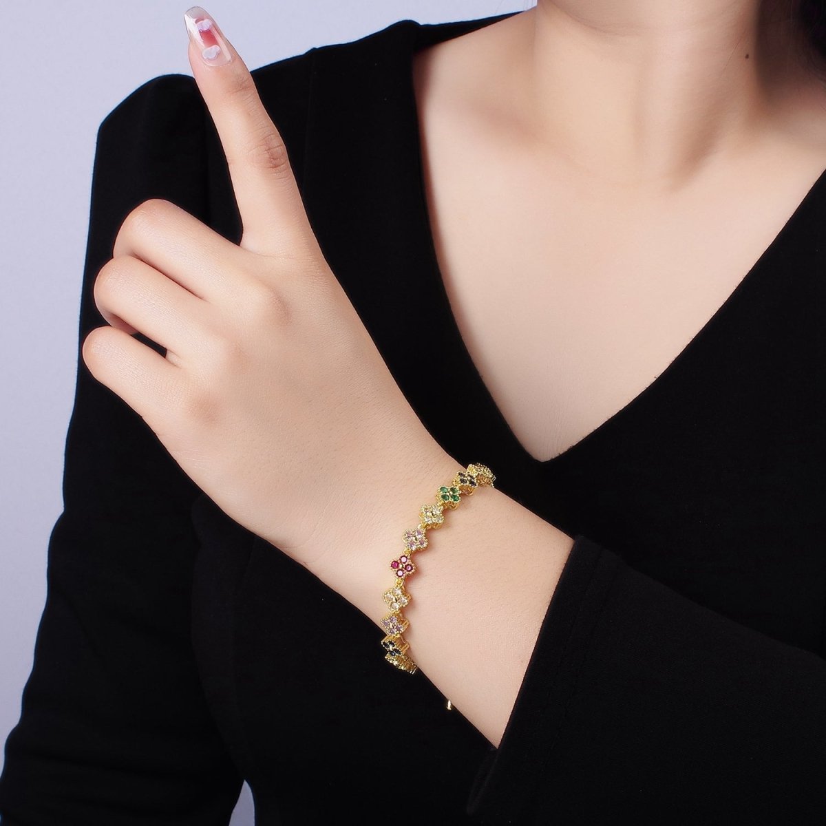 14K Gold Filled CZ Multicolor Flower 6 Inch Bracelet in Gold & Silver | WA-2430 WA-2431 - DLUXCA