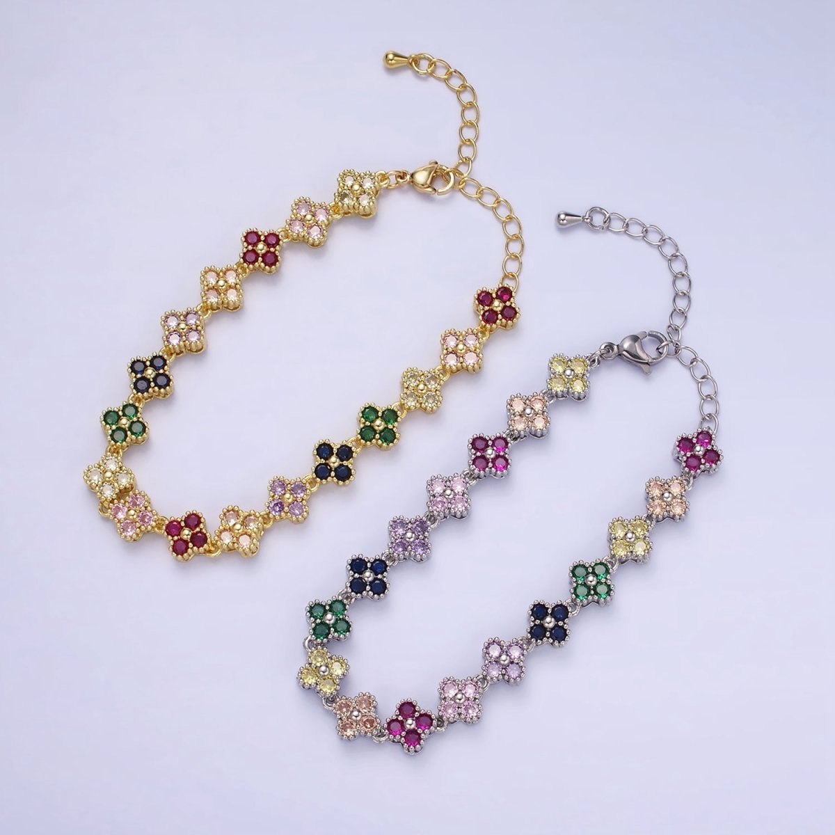 14K Gold Filled CZ Multicolor Flower 6 Inch Bracelet in Gold & Silver | WA-2430 WA-2431 - DLUXCA