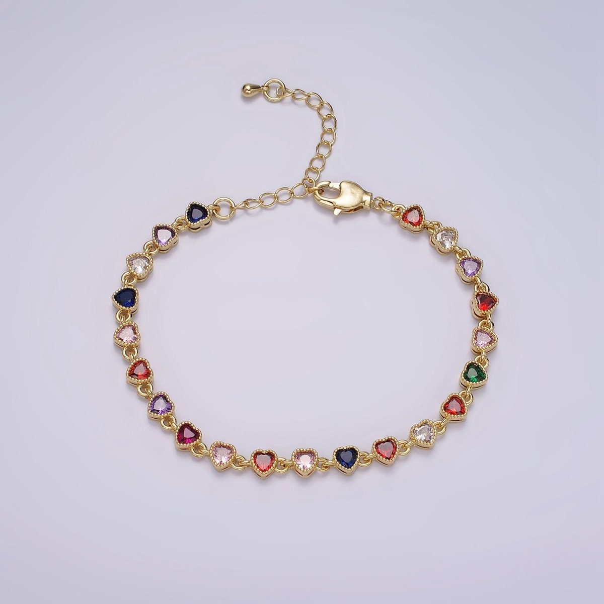 14K Gold Filled CZ Multicolor Heart Bezel 7 Inch Bracelet in Gold & Silver | WA-2230 WA-2231 Clearance Pricing - DLUXCA
