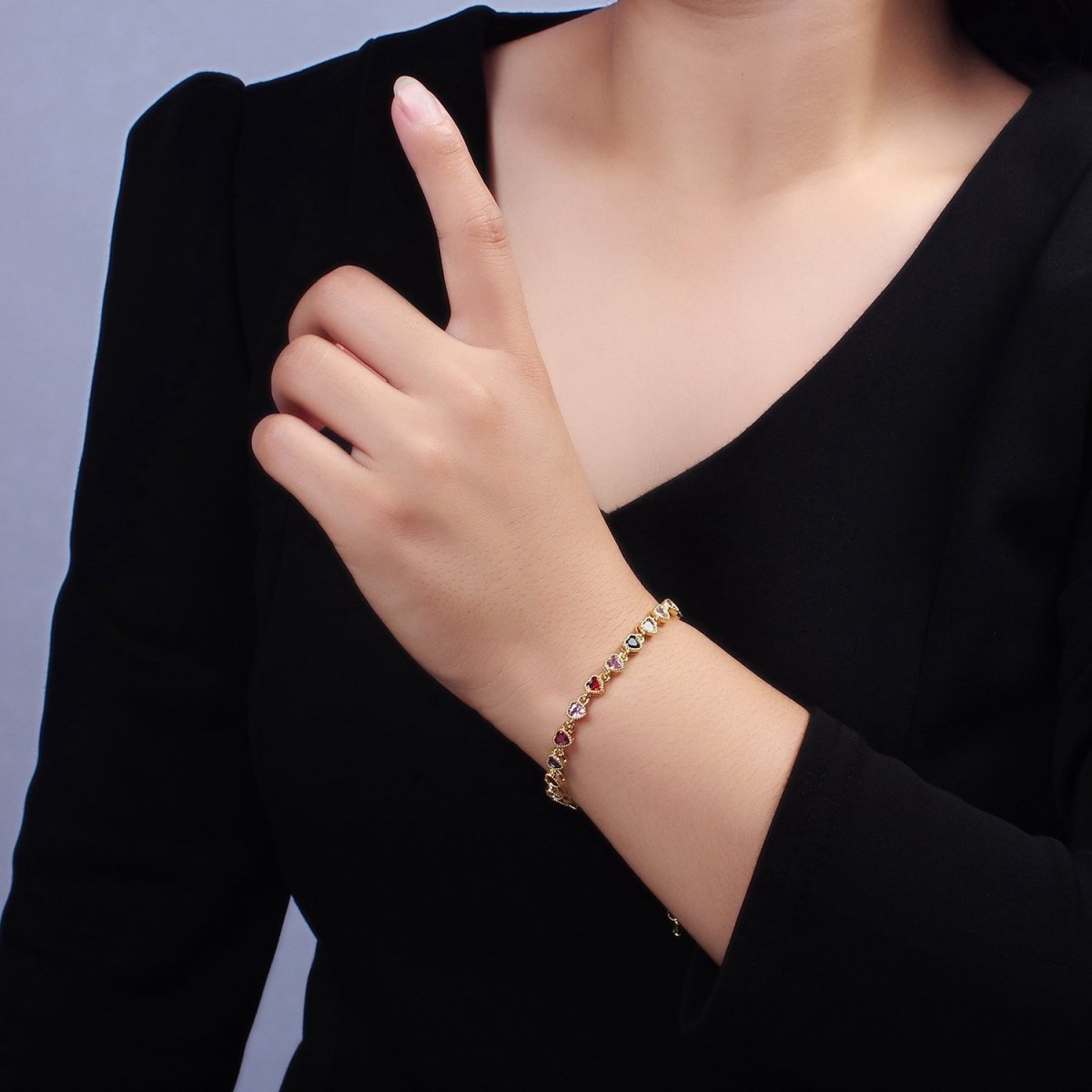 14K Gold Filled CZ Multicolor Heart Bezel 7 Inch Bracelet in Gold & Silver | WA-2230 WA-2231 Clearance Pricing - DLUXCA