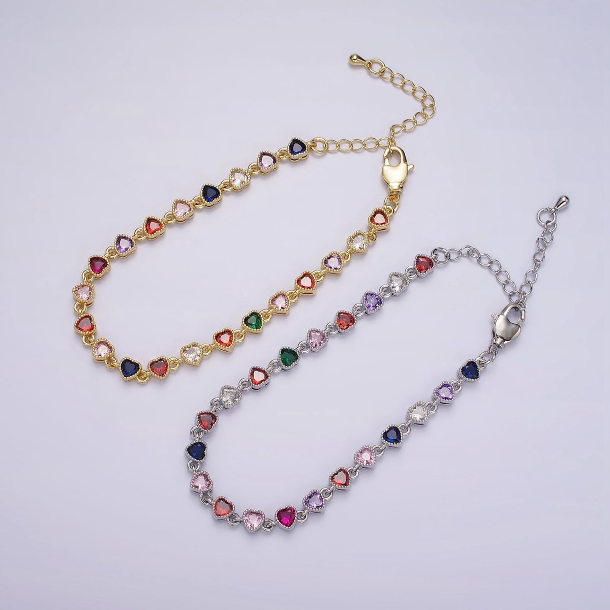 14K Gold Filled CZ Multicolor Heart Bezel 7 Inch Bracelet in Gold & Silver | WA-2230 WA-2231 Clearance Pricing - DLUXCA