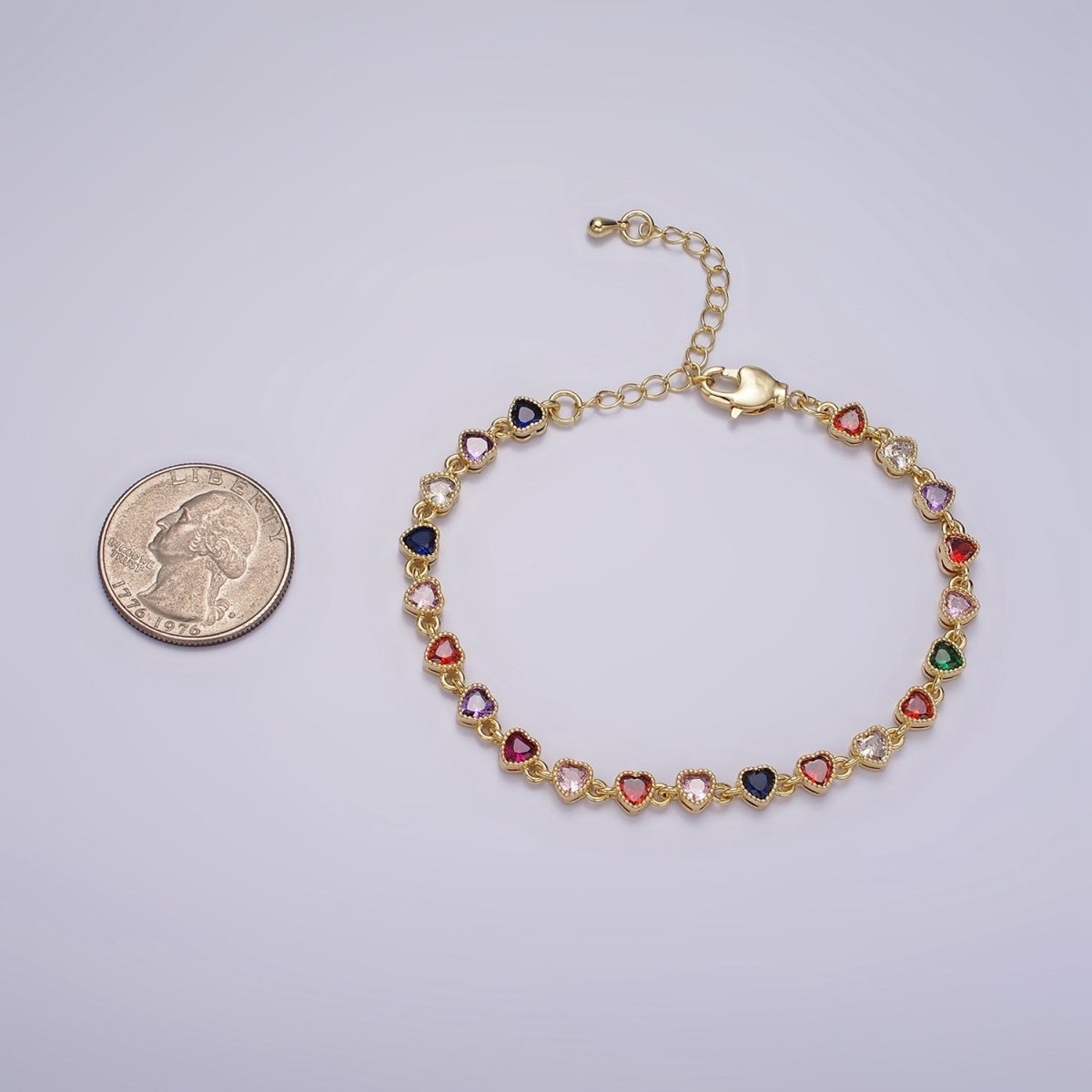 14K Gold Filled CZ Multicolor Heart Bezel 7 Inch Bracelet in Gold & Silver | WA-2230 WA-2231 Clearance Pricing - DLUXCA