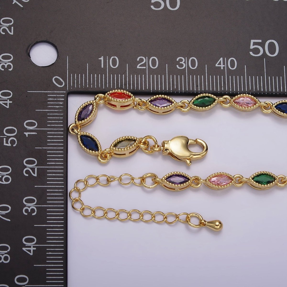 14K Gold Filled CZ Multicolor Marquise Bezel 7 Inch Bracelet in Gold & Silver | WA-2232 WA-2233 Clearance Pricing - DLUXCA