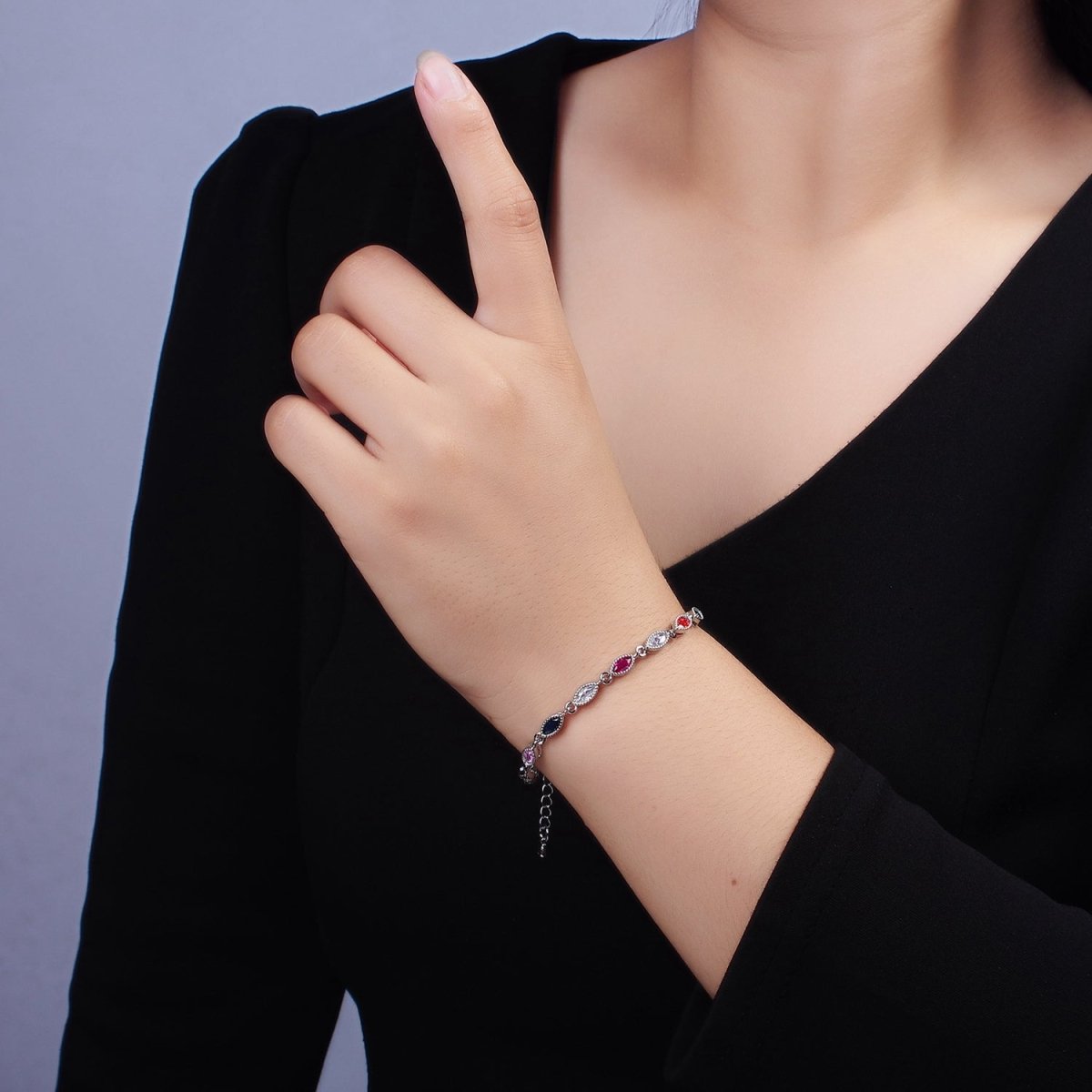 14K Gold Filled CZ Multicolor Marquise Bezel 7 Inch Bracelet in Gold & Silver | WA-2232 WA-2233 Clearance Pricing - DLUXCA