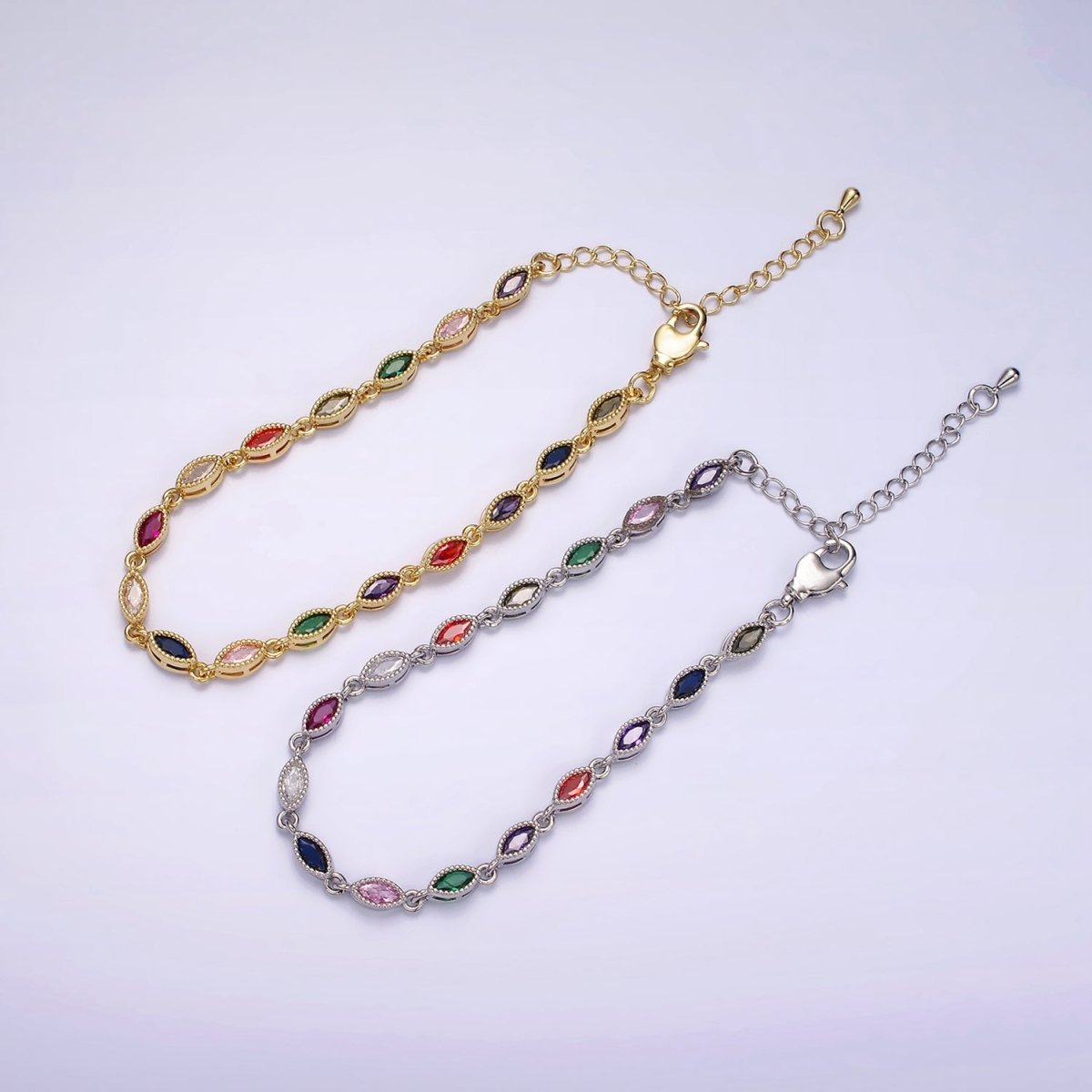 14K Gold Filled CZ Multicolor Marquise Bezel 7 Inch Bracelet in Gold & Silver | WA-2232 WA-2233 Clearance Pricing - DLUXCA