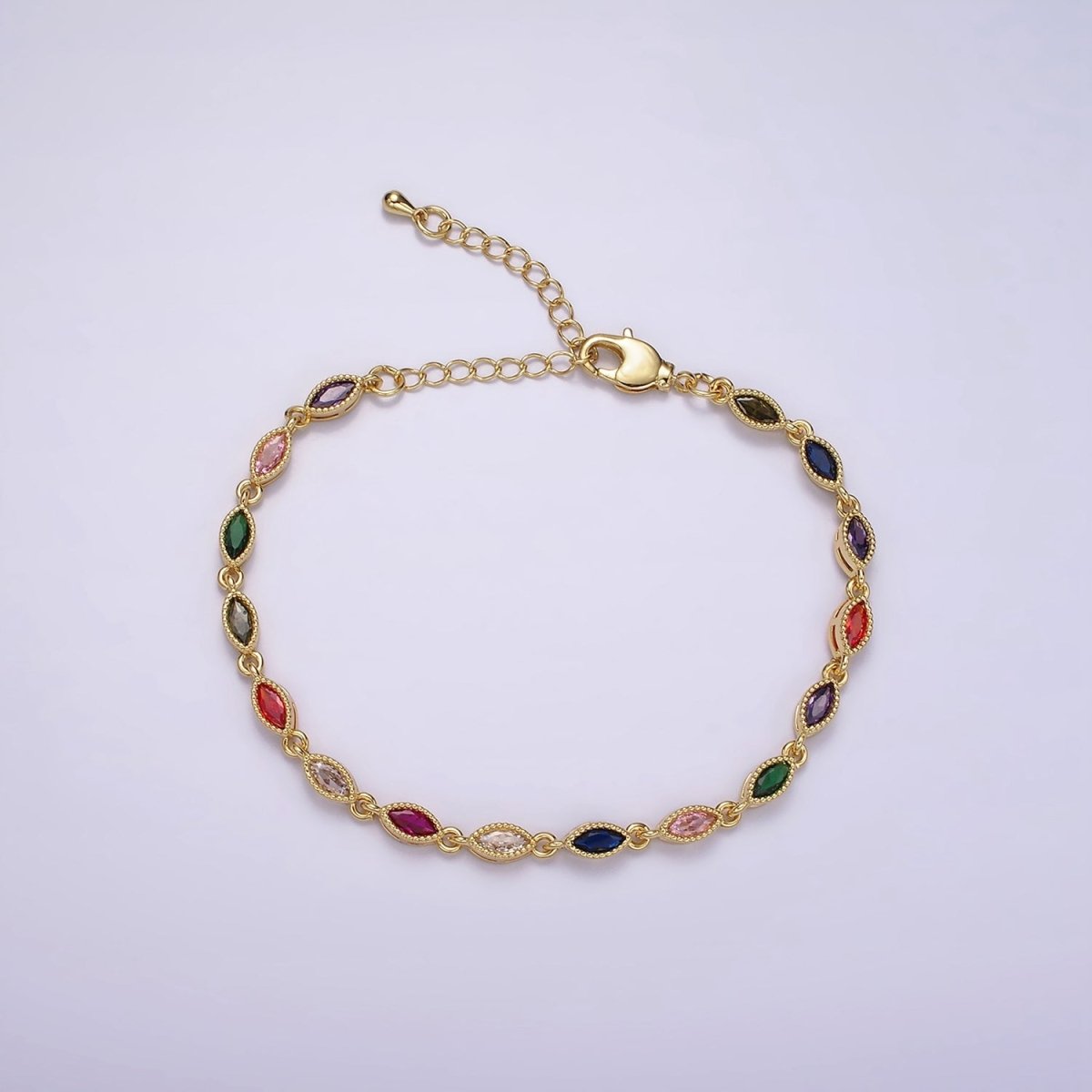 14K Gold Filled CZ Multicolor Marquise Bezel 7 Inch Bracelet in Gold & Silver | WA-2232 WA-2233 Clearance Pricing - DLUXCA