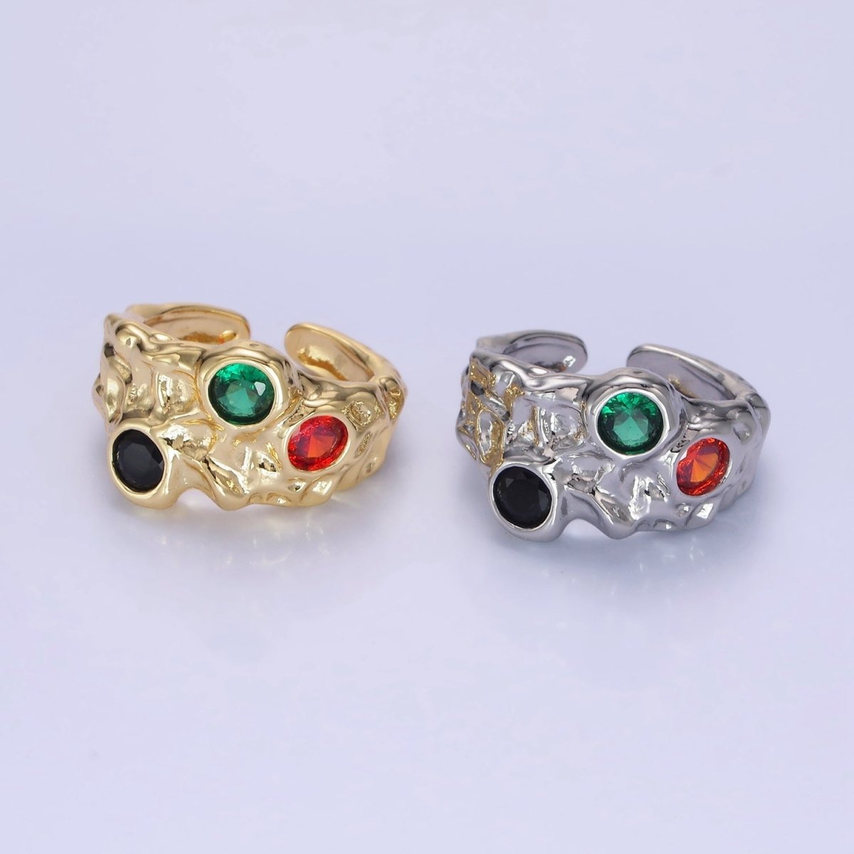 14K Gold Filled CZ Multicolor Molten Hammered Ring in Gold & Silver | O1333 O1334 - DLUXCA