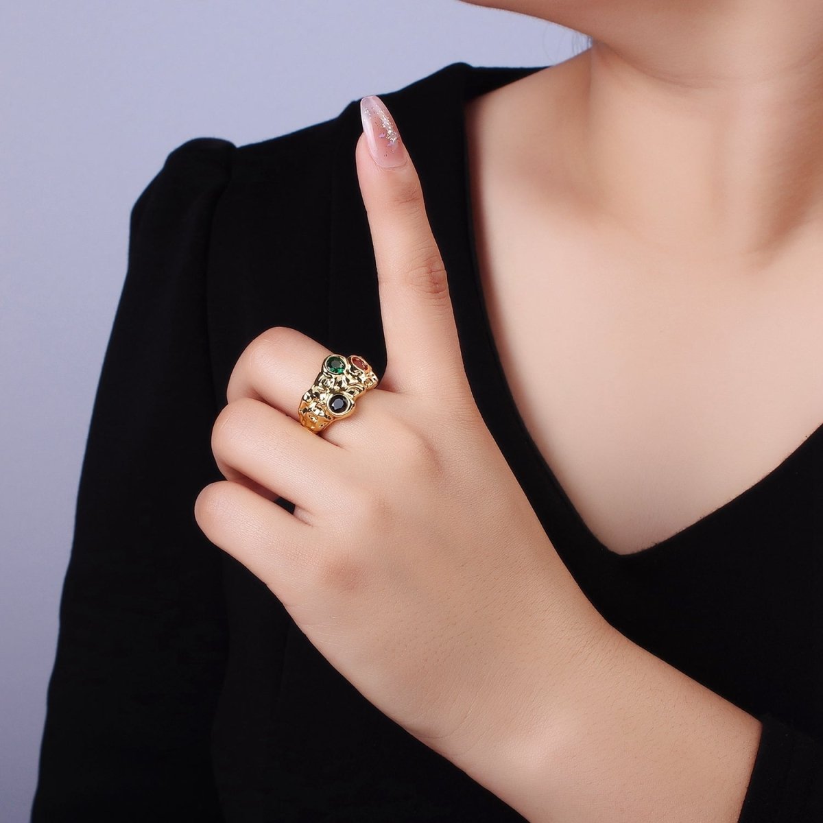 14K Gold Filled CZ Multicolor Molten Hammered Ring in Gold & Silver | O1333 O1334 - DLUXCA