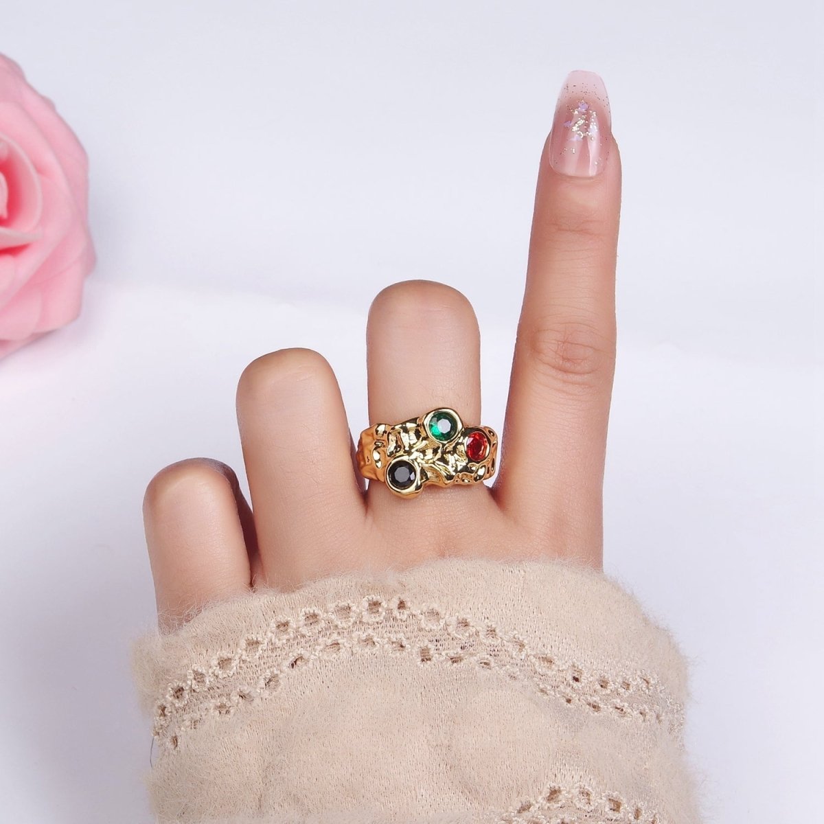 14K Gold Filled CZ Multicolor Molten Hammered Ring in Gold & Silver | O1333 O1334 - DLUXCA