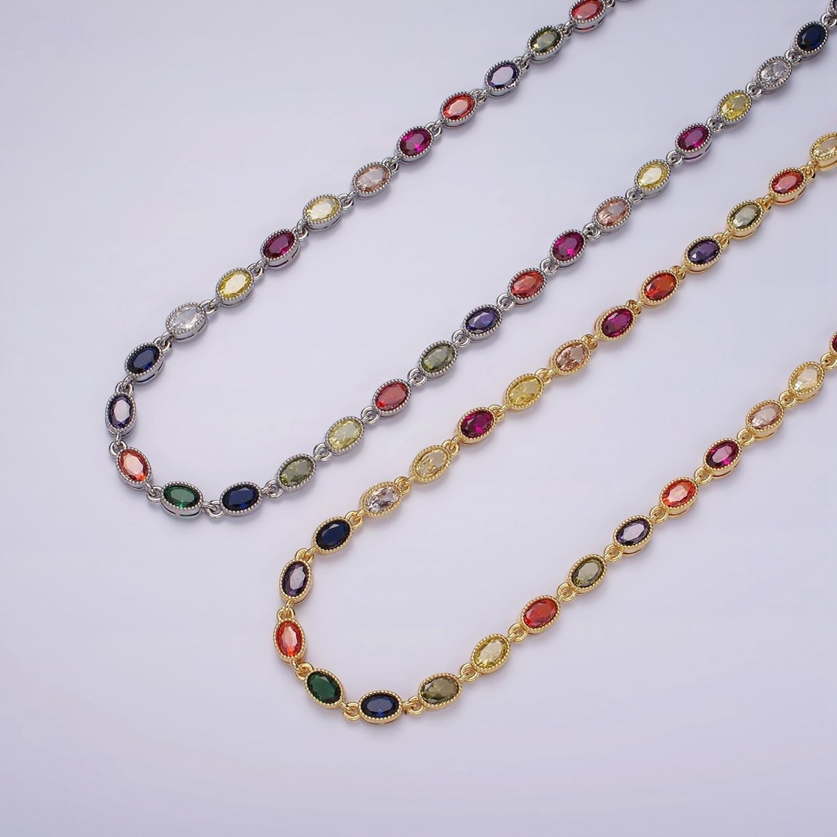 14K Gold Filled CZ Multicolor Oval Bezel 16 Inch Necklace in Gold & Silver | WA-2246 WA-2247 - DLUXCA