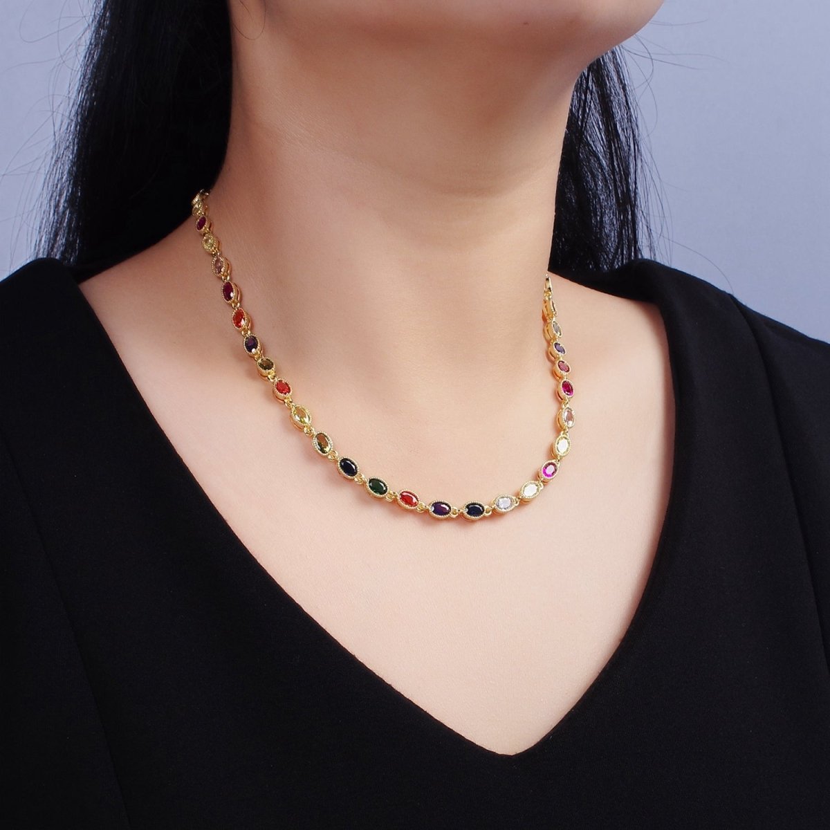 14K Gold Filled CZ Multicolor Oval Bezel 16 Inch Necklace in Gold & Silver | WA-2246 WA-2247 - DLUXCA