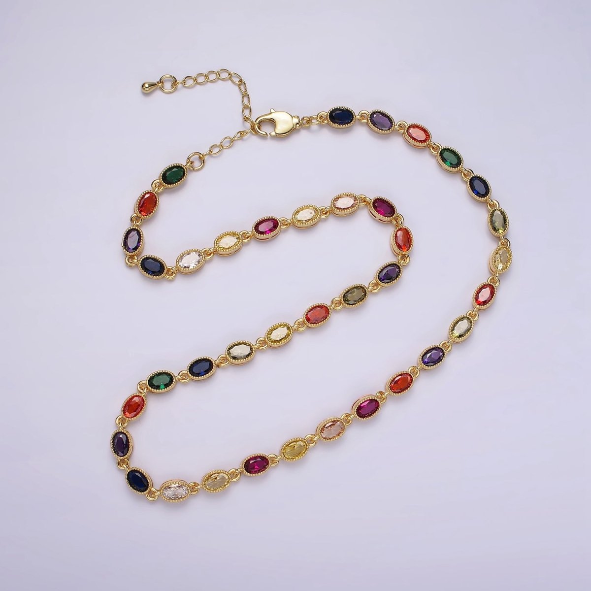 14K Gold Filled CZ Multicolor Oval Bezel 16 Inch Necklace in Gold & Silver | WA-2246 WA-2247 - DLUXCA