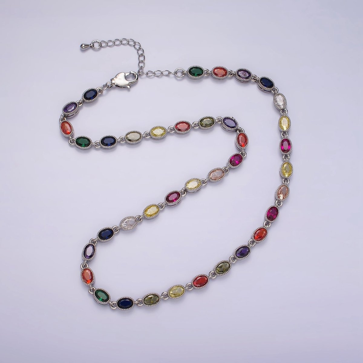 14K Gold Filled CZ Multicolor Oval Bezel 16 Inch Necklace in Gold & Silver | WA-2246 WA-2247 - DLUXCA