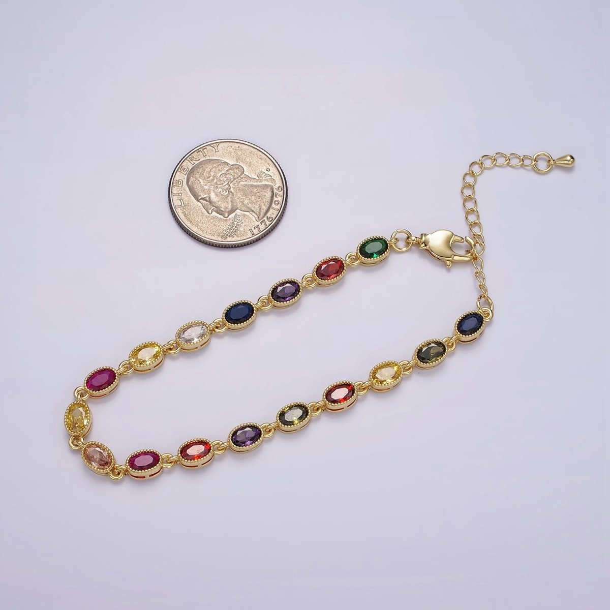 14K Gold Filled CZ Multicolor Oval Bezel 7 Inch Bracelet in Gold & Silver | WA-2234 WA-2235 - DLUXCA