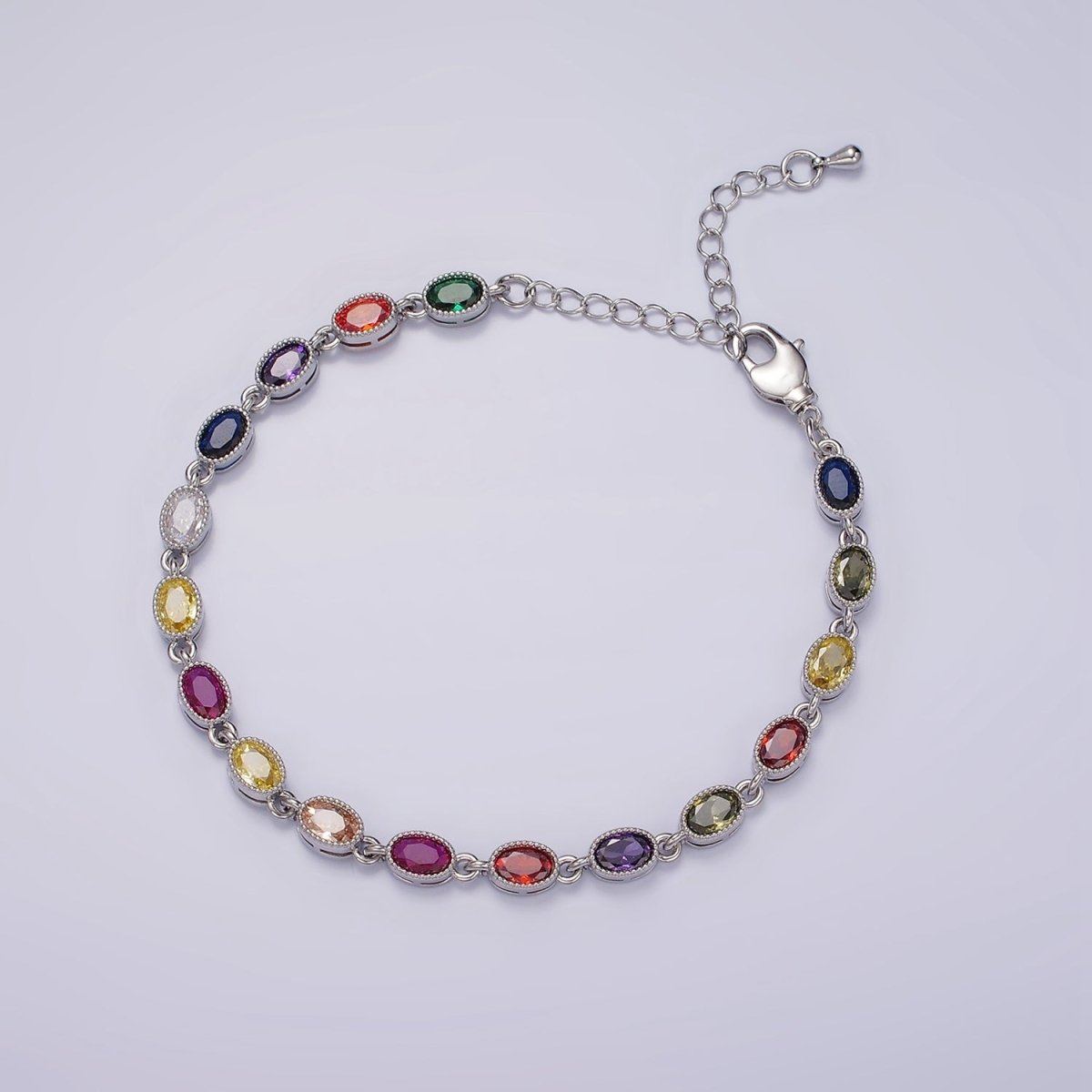 14K Gold Filled CZ Multicolor Oval Bezel 7 Inch Bracelet in Gold & Silver | WA-2234 WA-2235 - DLUXCA