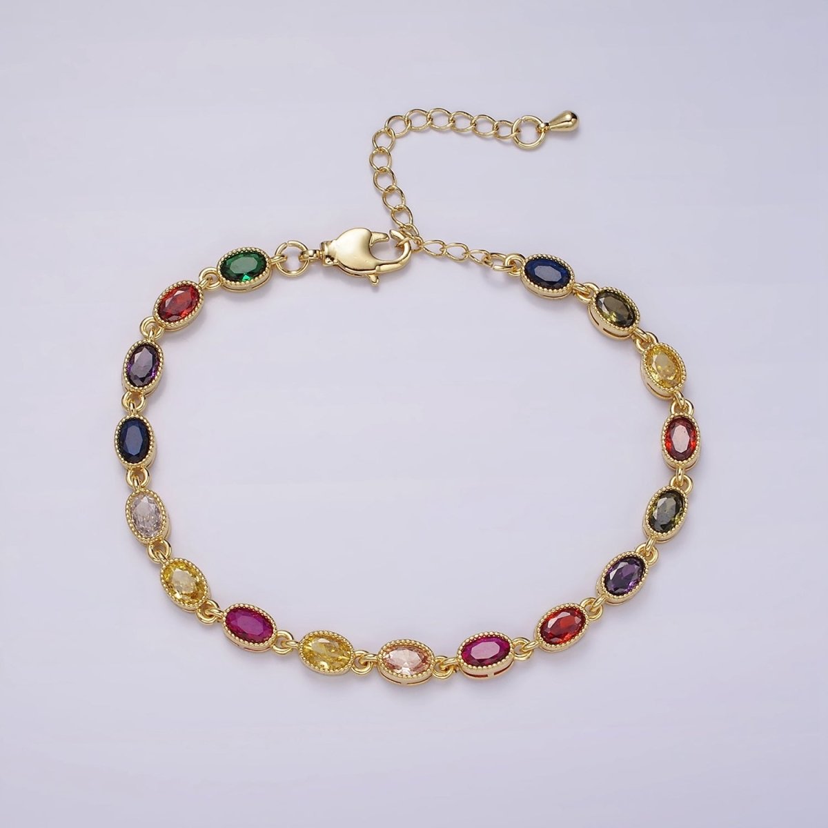 14K Gold Filled CZ Multicolor Oval Bezel 7 Inch Bracelet in Gold & Silver | WA-2234 WA-2235 - DLUXCA