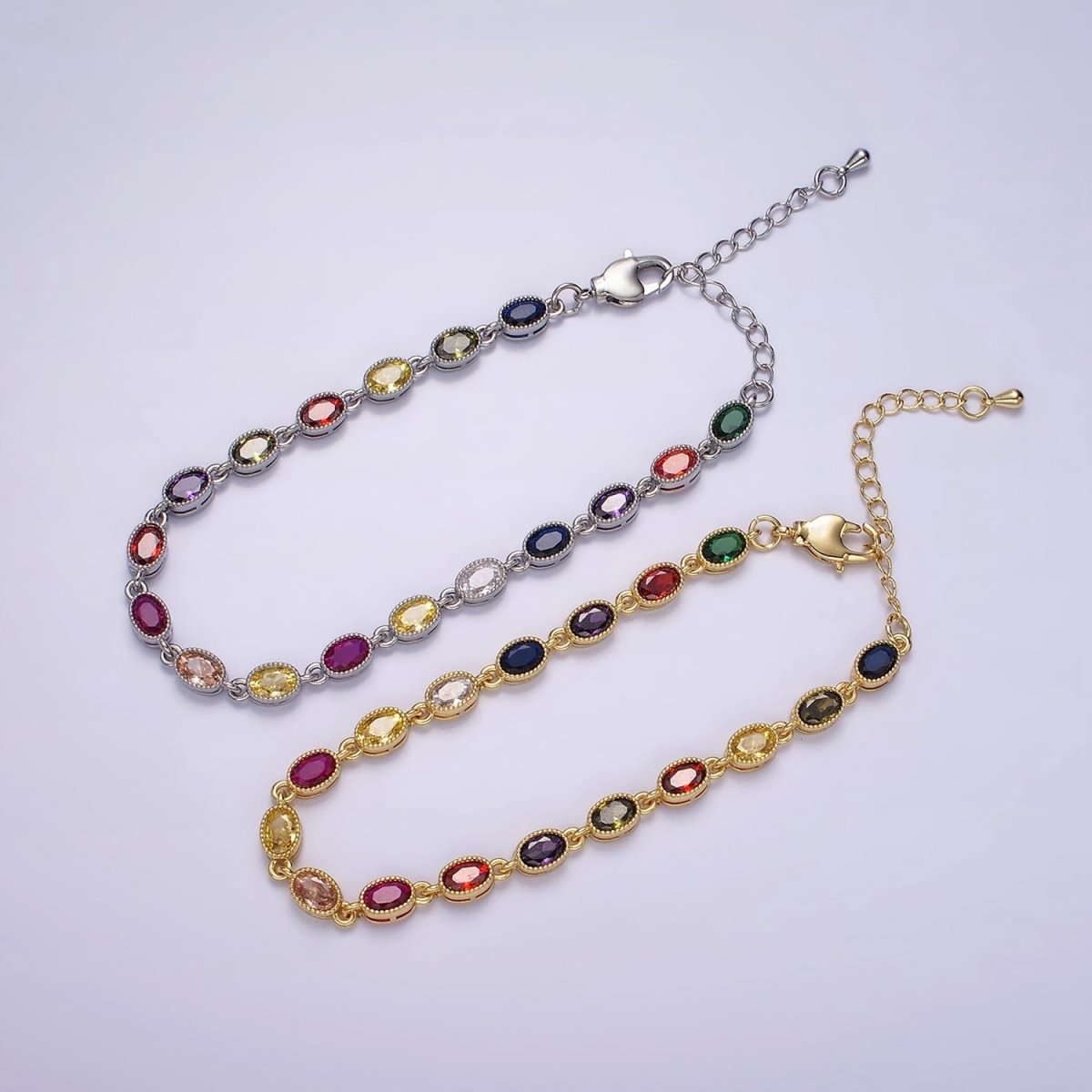 14K Gold Filled CZ Multicolor Oval Bezel 7 Inch Bracelet in Gold & Silver | WA-2234 WA-2235 - DLUXCA