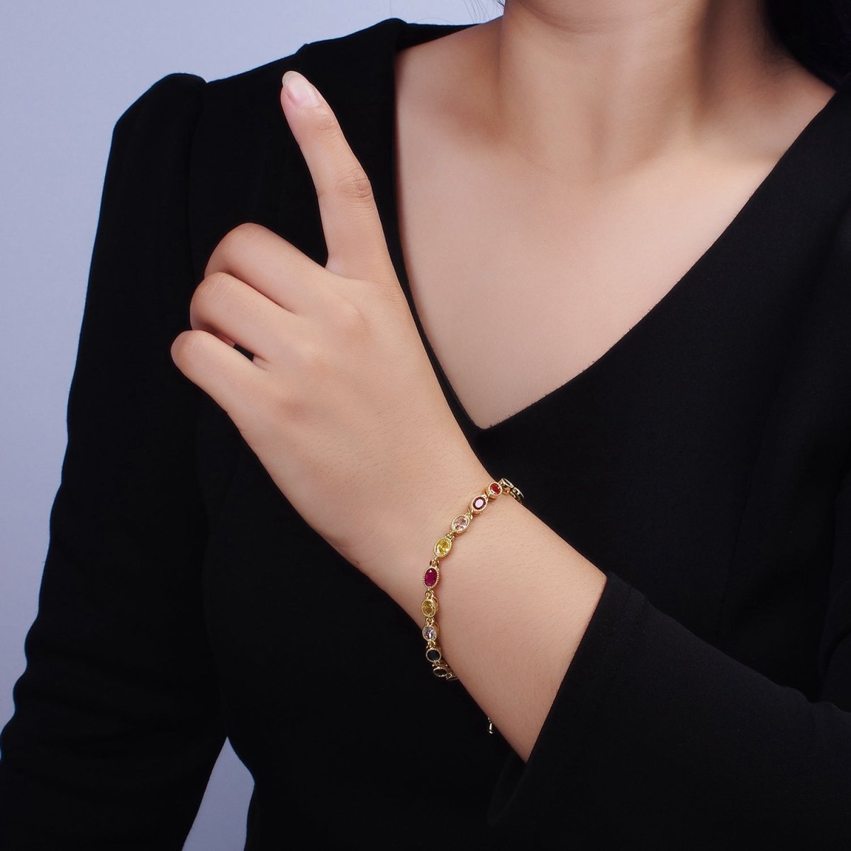 14K Gold Filled CZ Multicolor Oval Bezel 7 Inch Bracelet in Gold & Silver | WA-2234 WA-2235 - DLUXCA