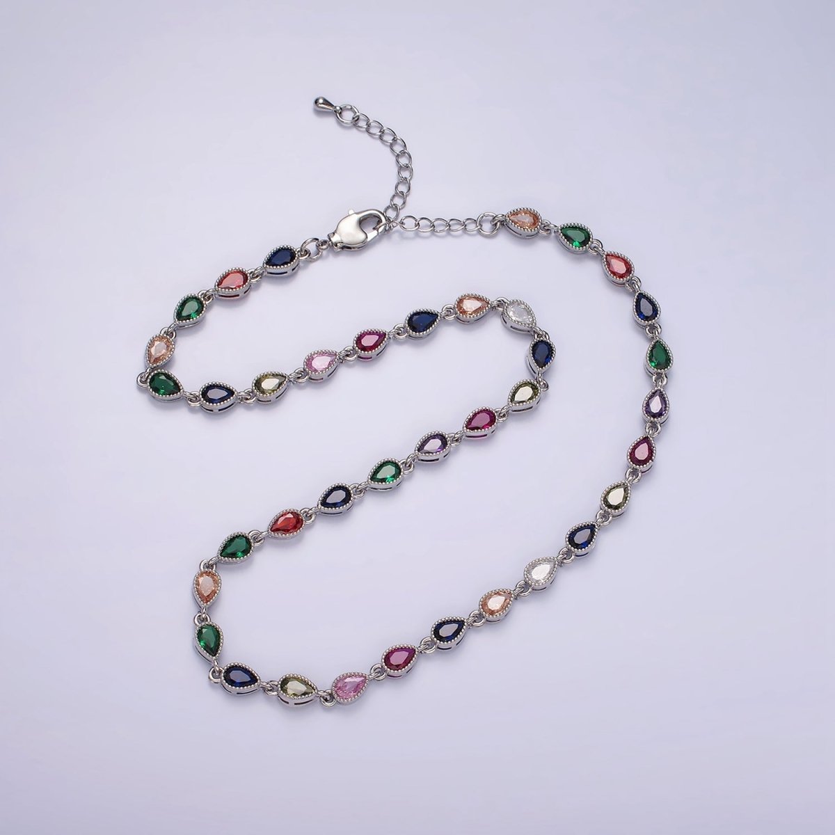 14K Gold Filled CZ Multicolor Teardrop Bezel 15 Inch Necklace in Gold & Silver | WA-2242 WA-2243 Clearance Pricing - DLUXCA