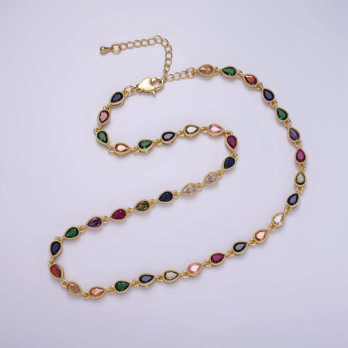 14K Gold Filled CZ Multicolor Teardrop Bezel 15 Inch Necklace in Gold & Silver | WA-2242 WA-2243 Clearance Pricing - DLUXCA