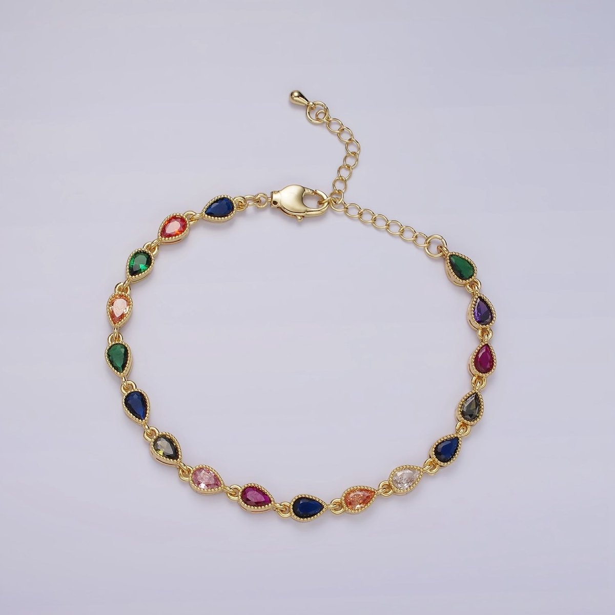 14K Gold Filled CZ Multicolor Teardrop Bezel 7 Inch Bracelet in Gold & Silver | WA-2236 WA-2237 Clearance Pricing - DLUXCA