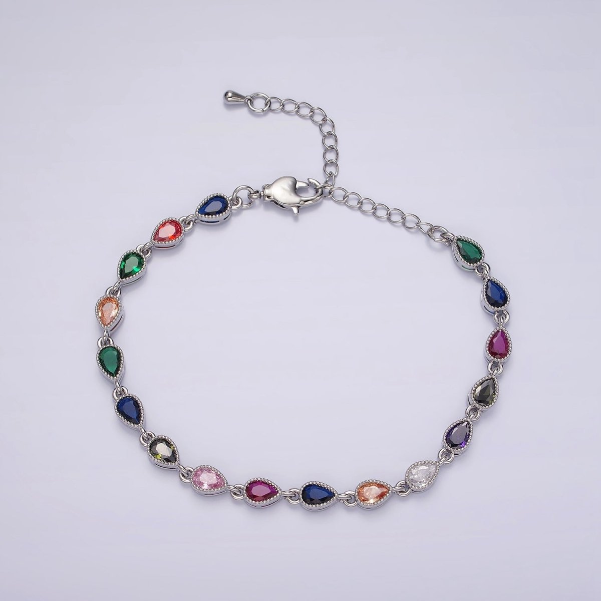 14K Gold Filled CZ Multicolor Teardrop Bezel 7 Inch Bracelet in Gold & Silver | WA-2236 WA-2237 Clearance Pricing - DLUXCA