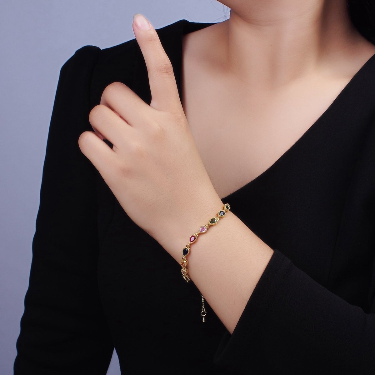 14K Gold Filled CZ Multicolor Teardrop Bezel 7 Inch Bracelet in Gold & Silver | WA-2236 WA-2237 Clearance Pricing - DLUXCA