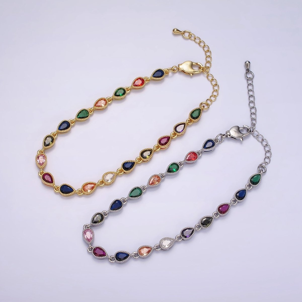 14K Gold Filled CZ Multicolor Teardrop Bezel 7 Inch Bracelet in Gold & Silver | WA-2236 WA-2237 Clearance Pricing - DLUXCA