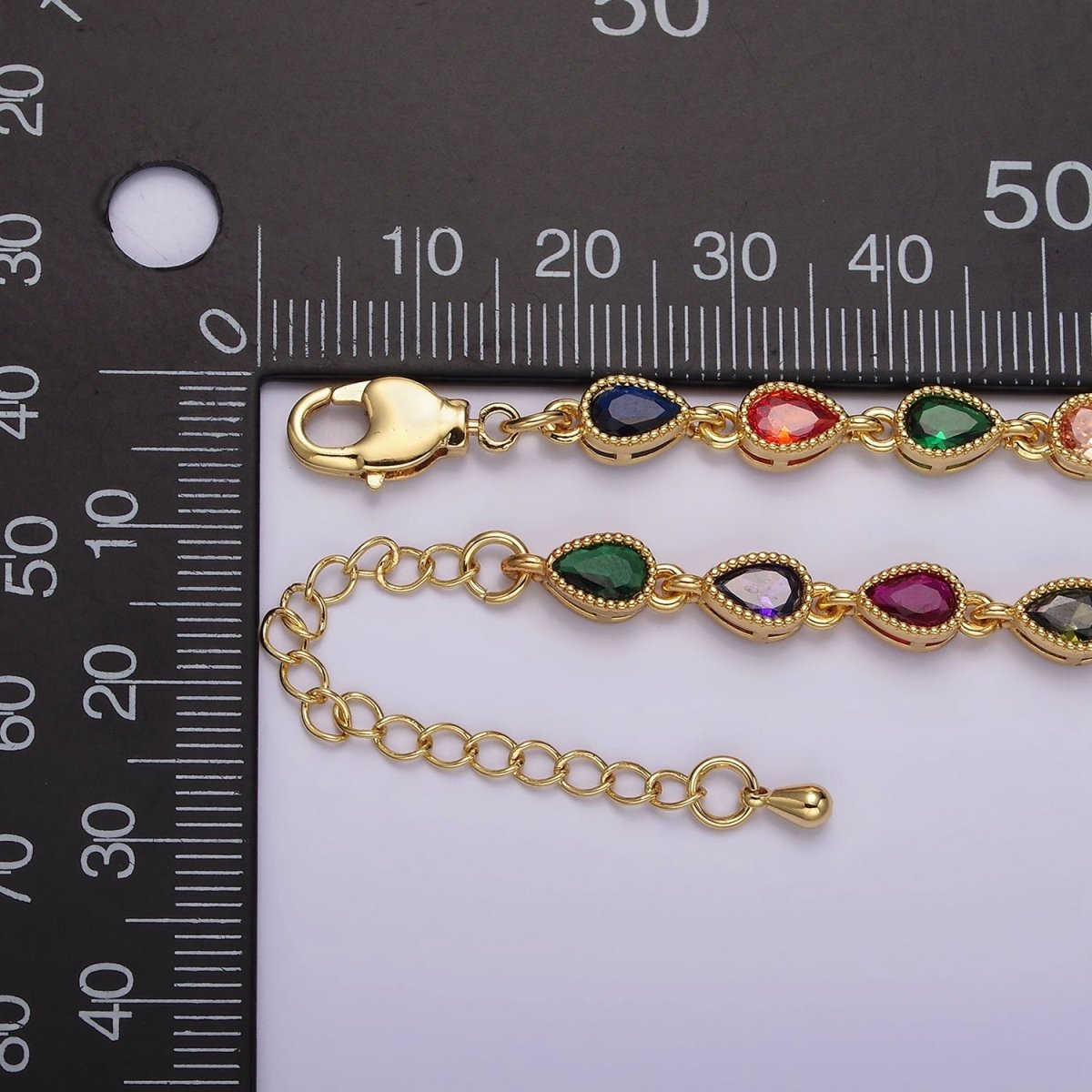 14K Gold Filled CZ Multicolor Teardrop Bezel 7 Inch Bracelet in Gold & Silver | WA-2236 WA-2237 Clearance Pricing - DLUXCA