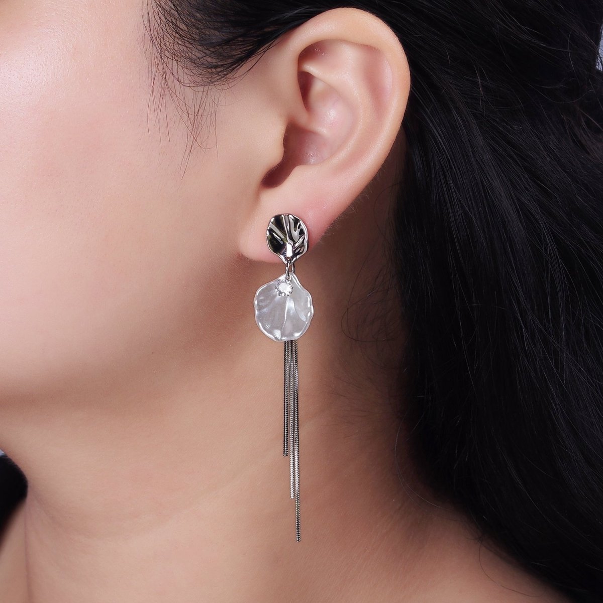 14K Gold Filled CZ Multiple Hammered Oval Shell Pearl Triple Chain Drop Stud Earrings Set in Gold & Silver | AE323 AE324 - DLUXCA