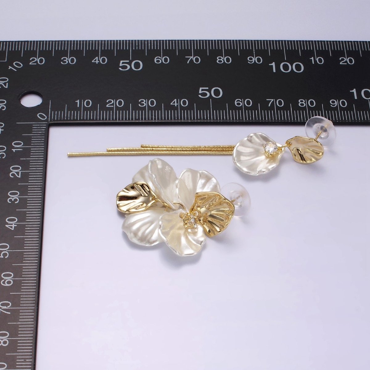 14K Gold Filled CZ Multiple Hammered Oval Shell Pearl Triple Chain Drop Stud Earrings Set in Gold & Silver | AE323 AE324 - DLUXCA