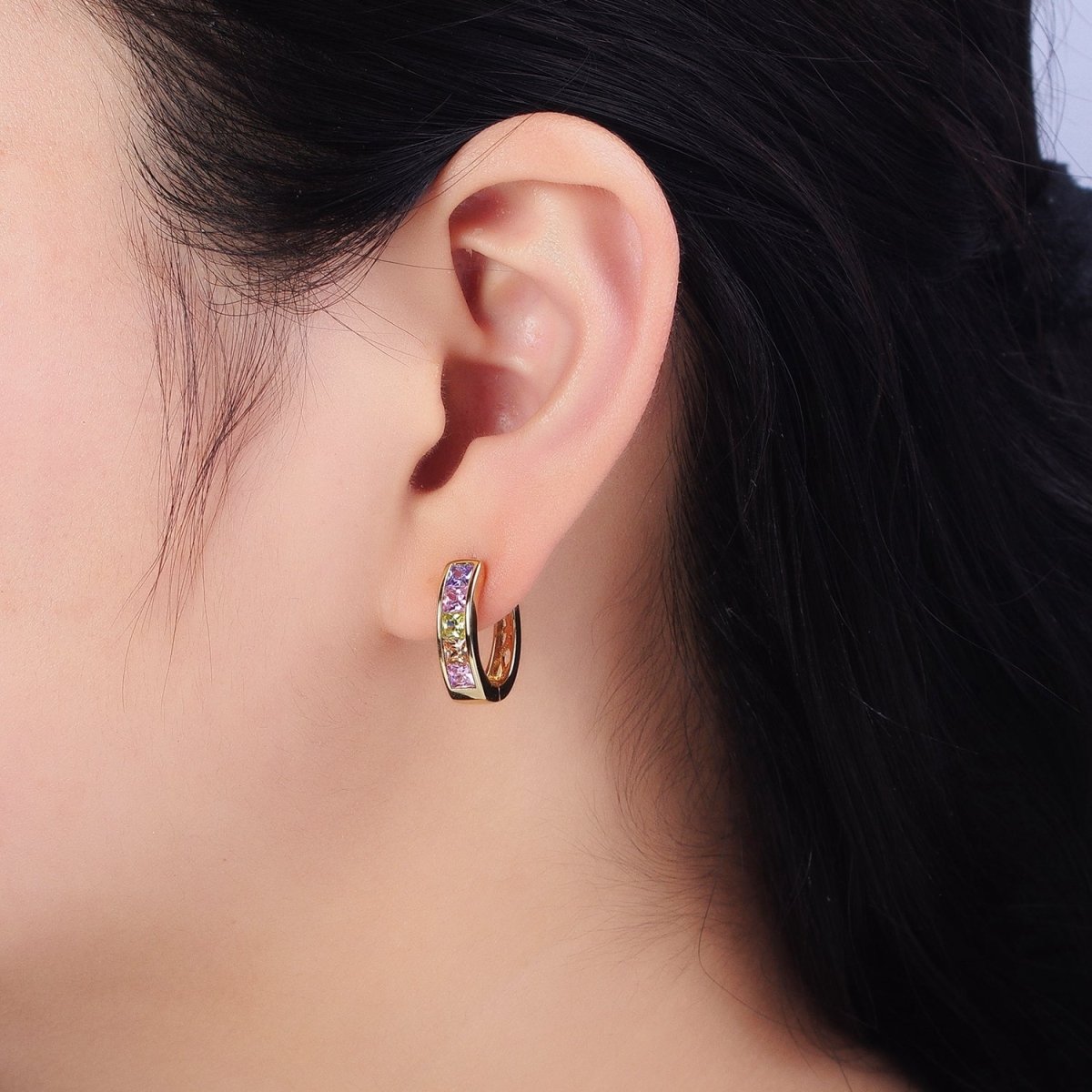 14K Gold Filled CZ Pastel Multicolor Square Checkered Oblong Huggie Earrings | AD1435 - DLUXCA