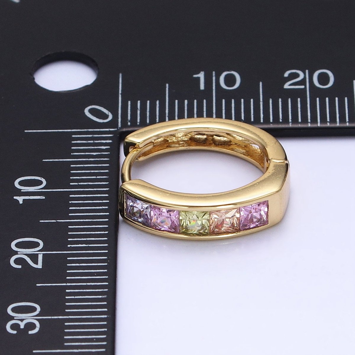 14K Gold Filled CZ Pastel Multicolor Square Checkered Oblong Huggie Earrings | AD1435 - DLUXCA