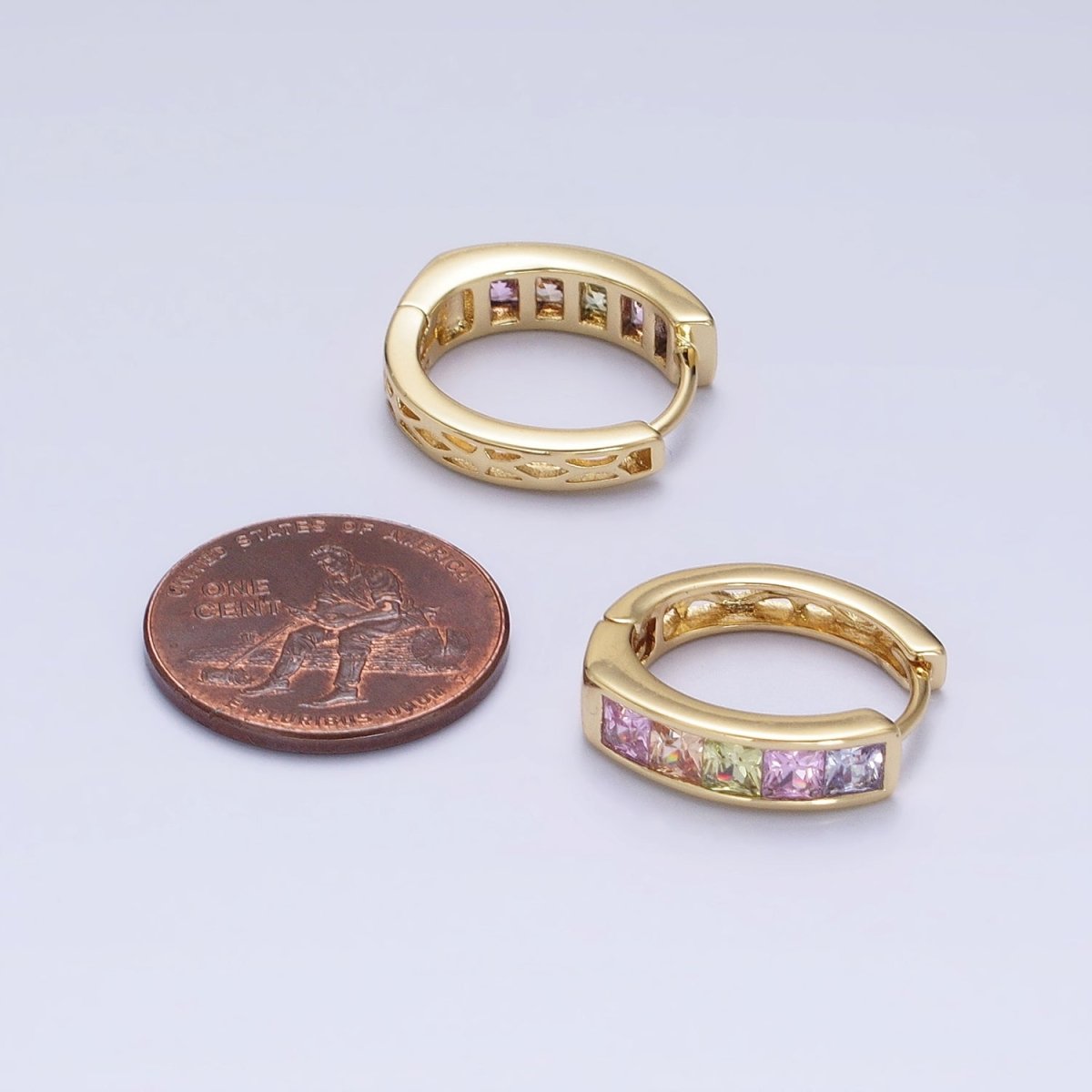 14K Gold Filled CZ Pastel Multicolor Square Checkered Oblong Huggie Earrings | AD1435 - DLUXCA