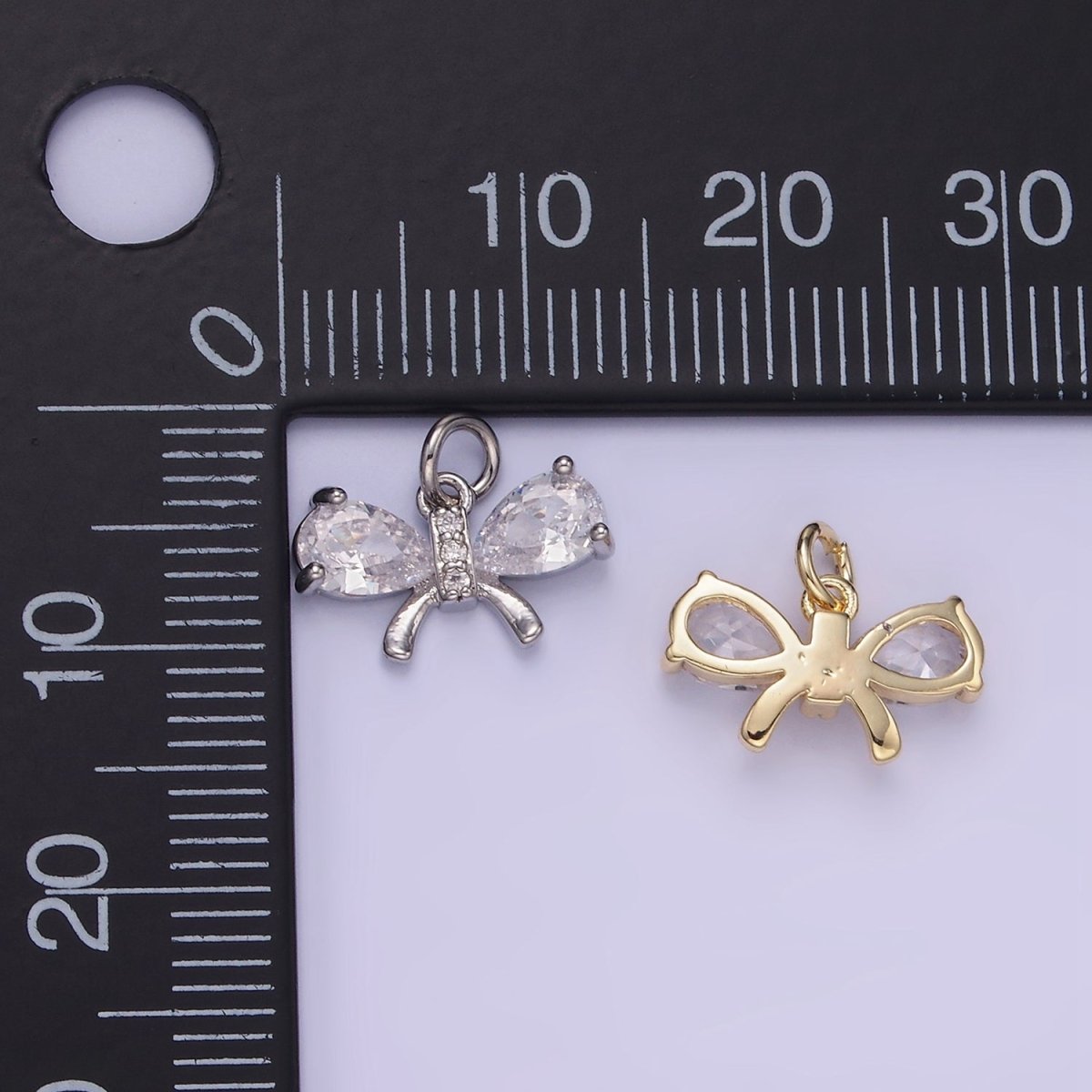 14K Gold Filled CZ Teardrop Micro Paved Ribbon Bow Charm in Gold & Silver | W545 - DLUXCA