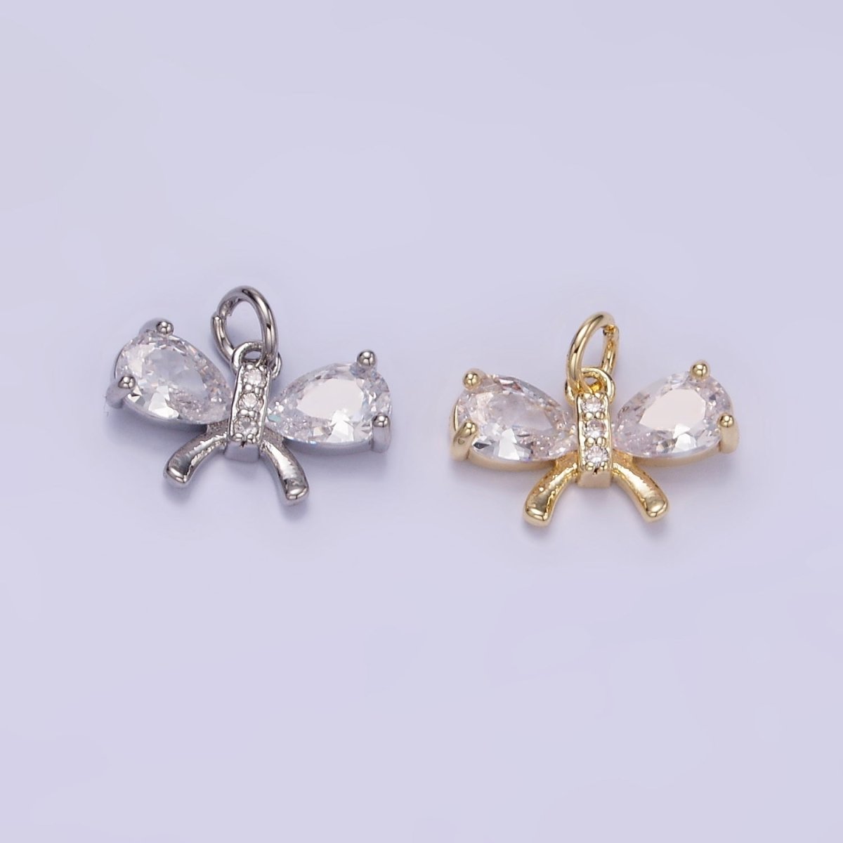 14K Gold Filled CZ Teardrop Micro Paved Ribbon Bow Charm in Gold & Silver | W545 - DLUXCA