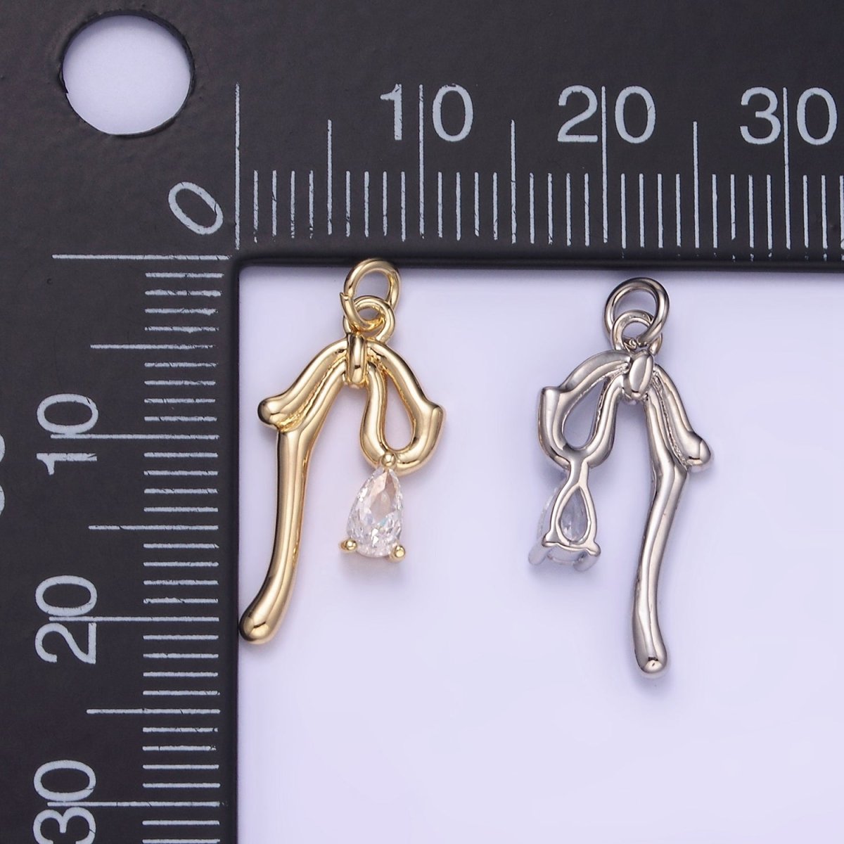 14K Gold Filled CZ Teardrop Molten Drop Ribbon Bow Charm in Gold & Silver | W544 - DLUXCA