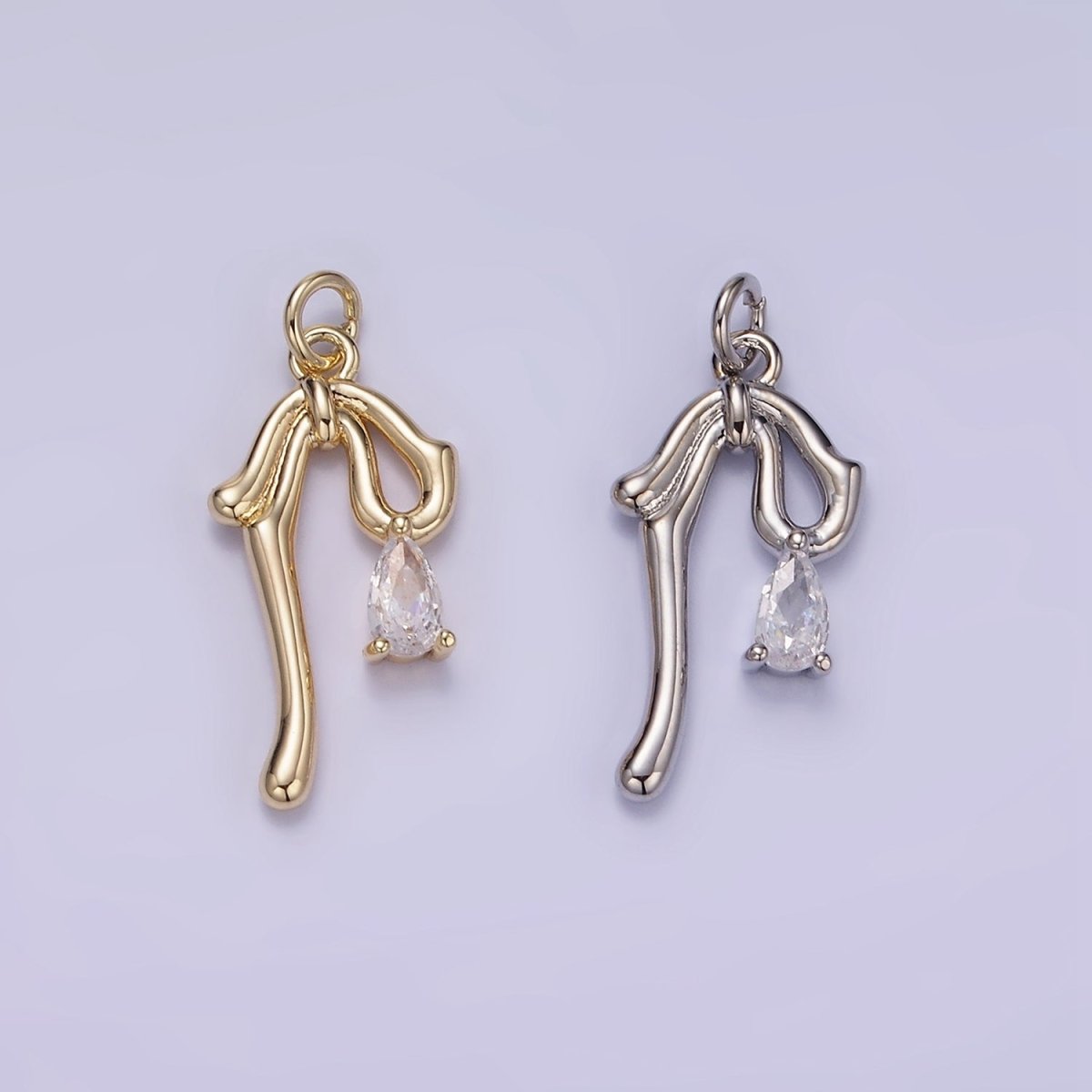 14K Gold Filled CZ Teardrop Molten Drop Ribbon Bow Charm in Gold & Silver | W544 - DLUXCA