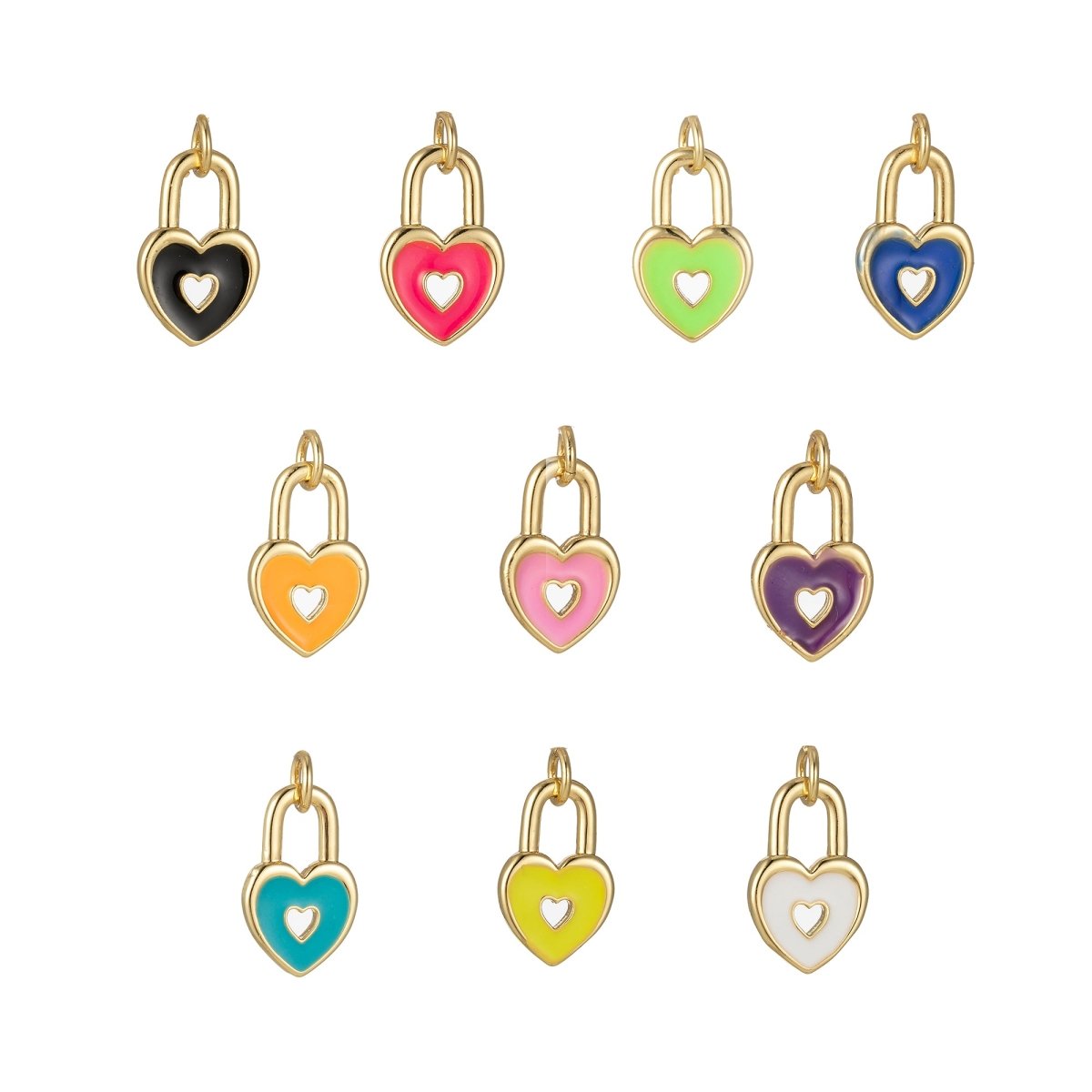 14k Gold Filled Dainty Heart Padlock Charm Colorful Enamel Lock Charm for Necklace Bracelet Jewelry Making Black Blue Pink Green Orange Purple E-794-E-803 - DLUXCA