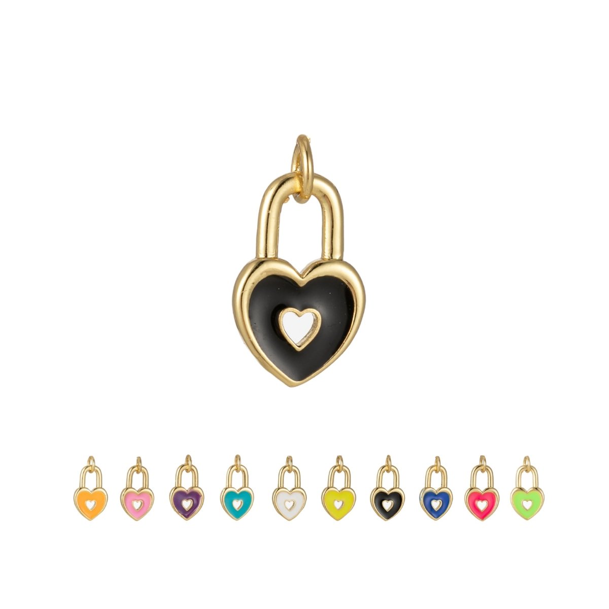 14k Gold Filled Dainty Heart Padlock Charm Colorful Enamel Lock Charm for Necklace Bracelet Jewelry Making Black Blue Pink Green Orange Purple E-794-E-803 - DLUXCA