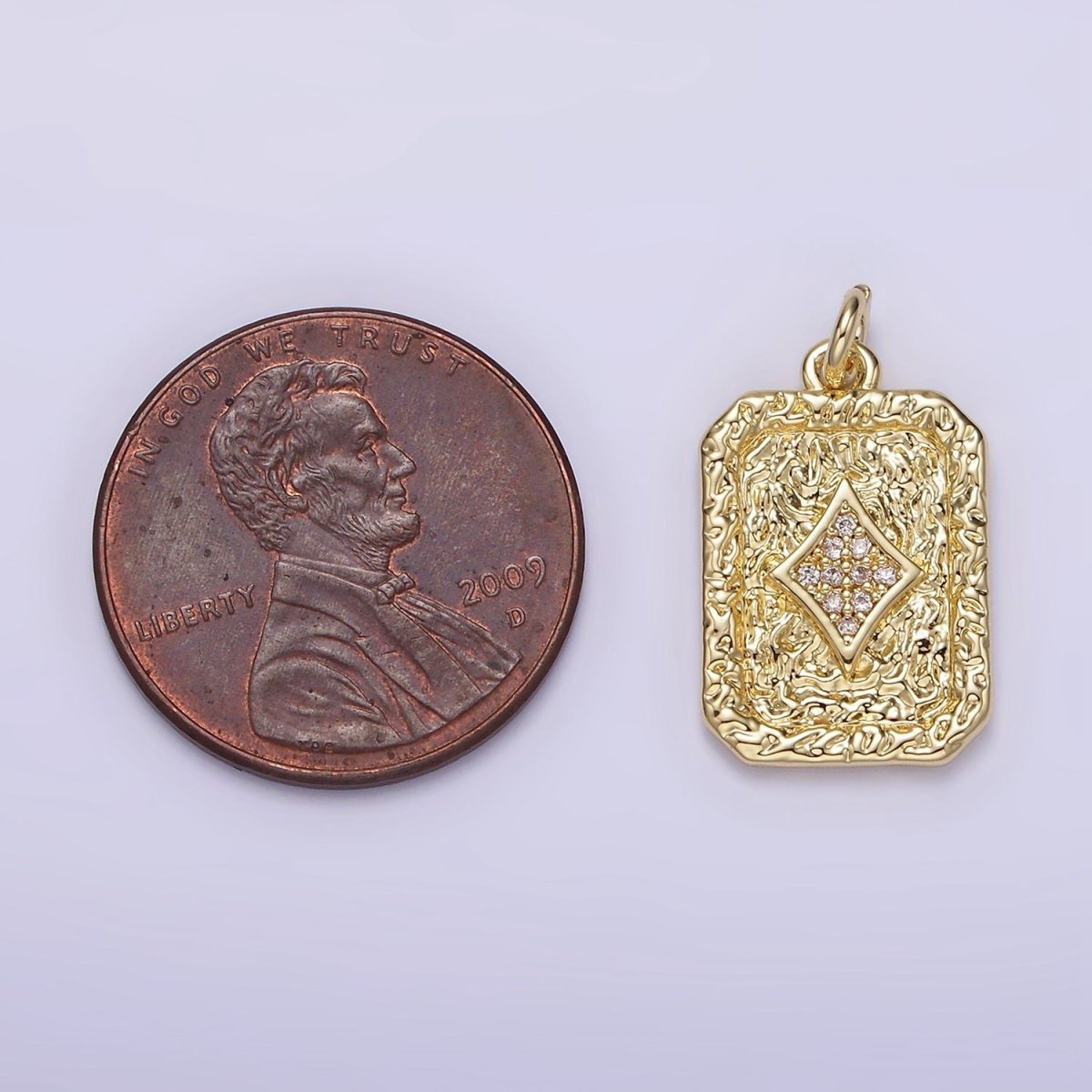 14K Gold Filled Diamonds Card Micro Paved CZ Hammered Rectangular Tag Charm | AG304 - DLUXCA